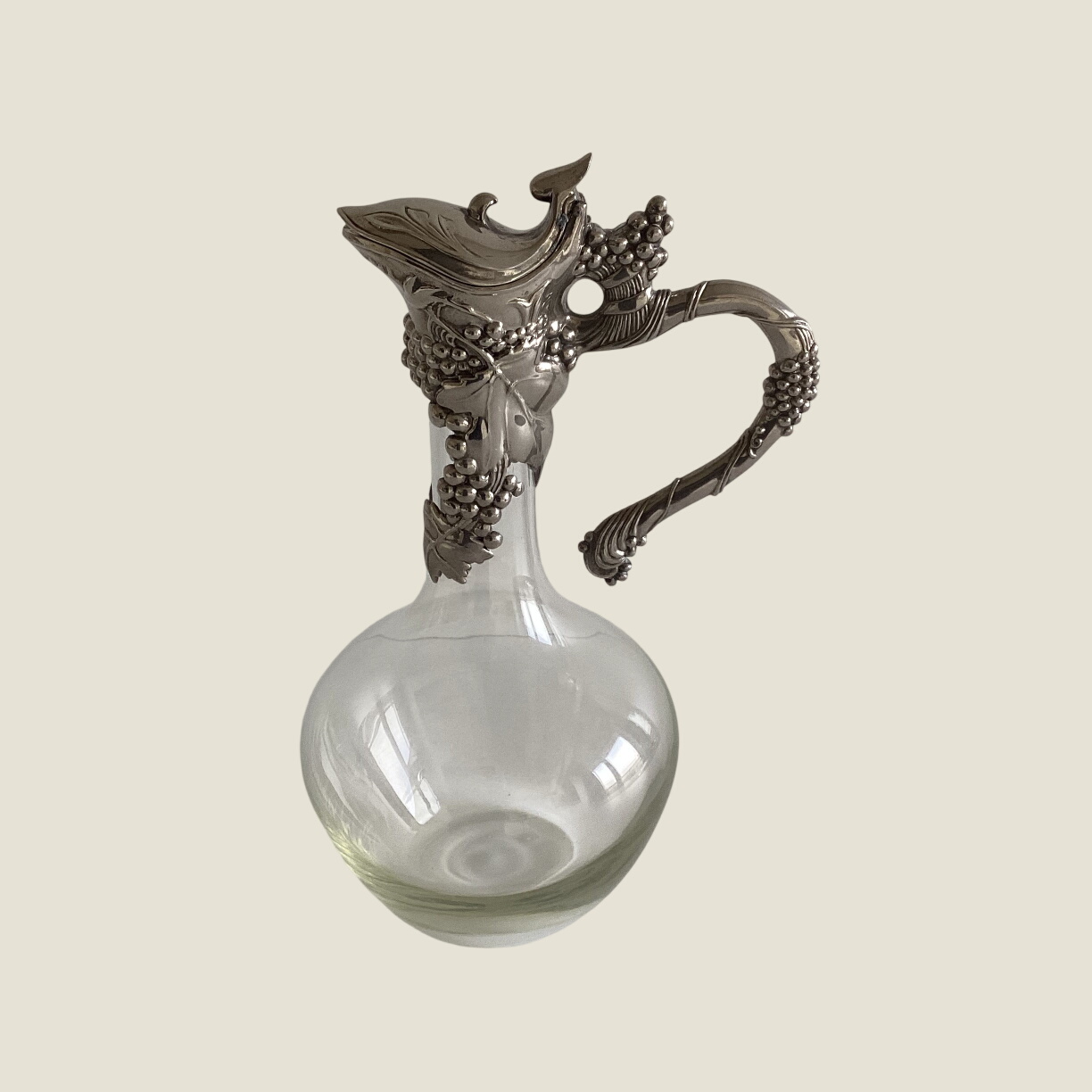Antique Art Nouveau Decanter | French Glass & Silvered Tin, Floral Leaf Design, Home Decor