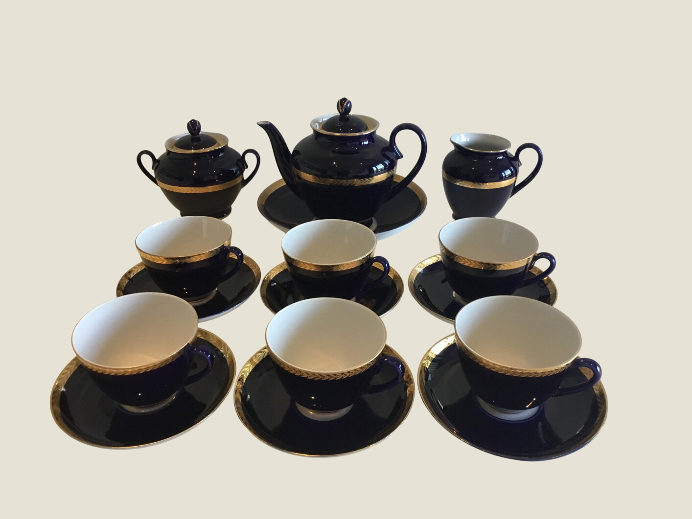 Vintage Porcelain Tea & Coffee Set (1970s, Blue an Gold, Lomonosov)
