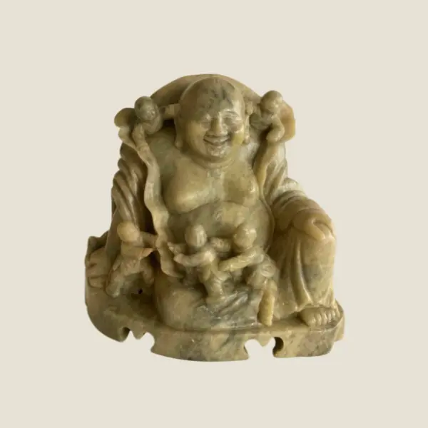 Vintage Chinese Sculpture — Buddha with Children in Soapstone, Qing Dynasty 1900s