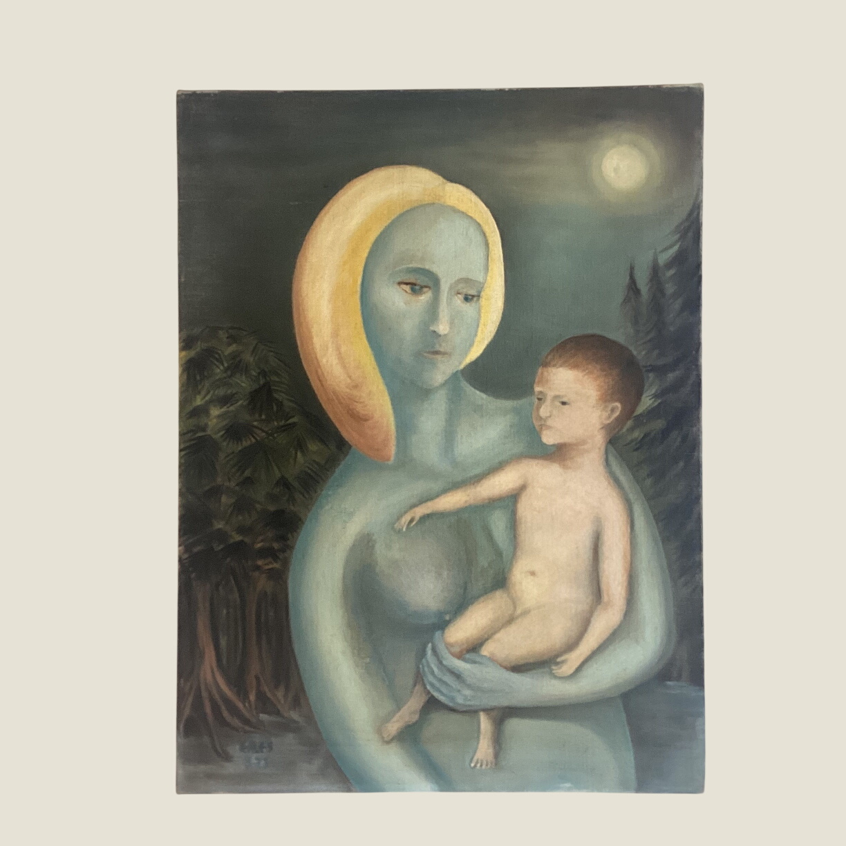 Art Painting – Surrealism Blue Maternity (1973) Original Oil on Canvas