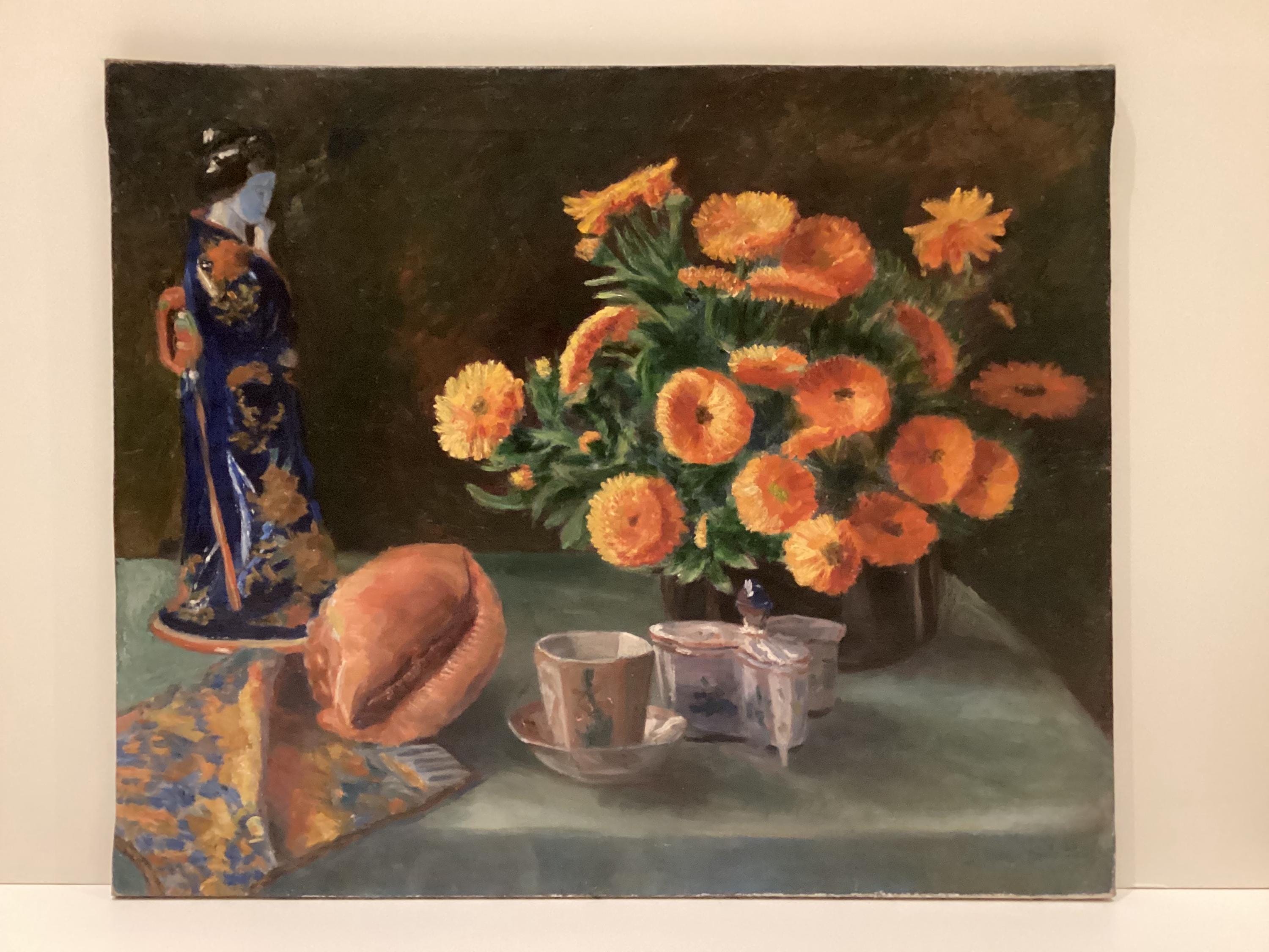 Antique Painting | 1930s Floral Geisha Portrait, French Orientalist Art — photo 2 of 10