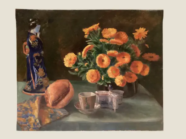 Antique Painting | 1930s Floral Geisha Portrait, French Orientalist Art