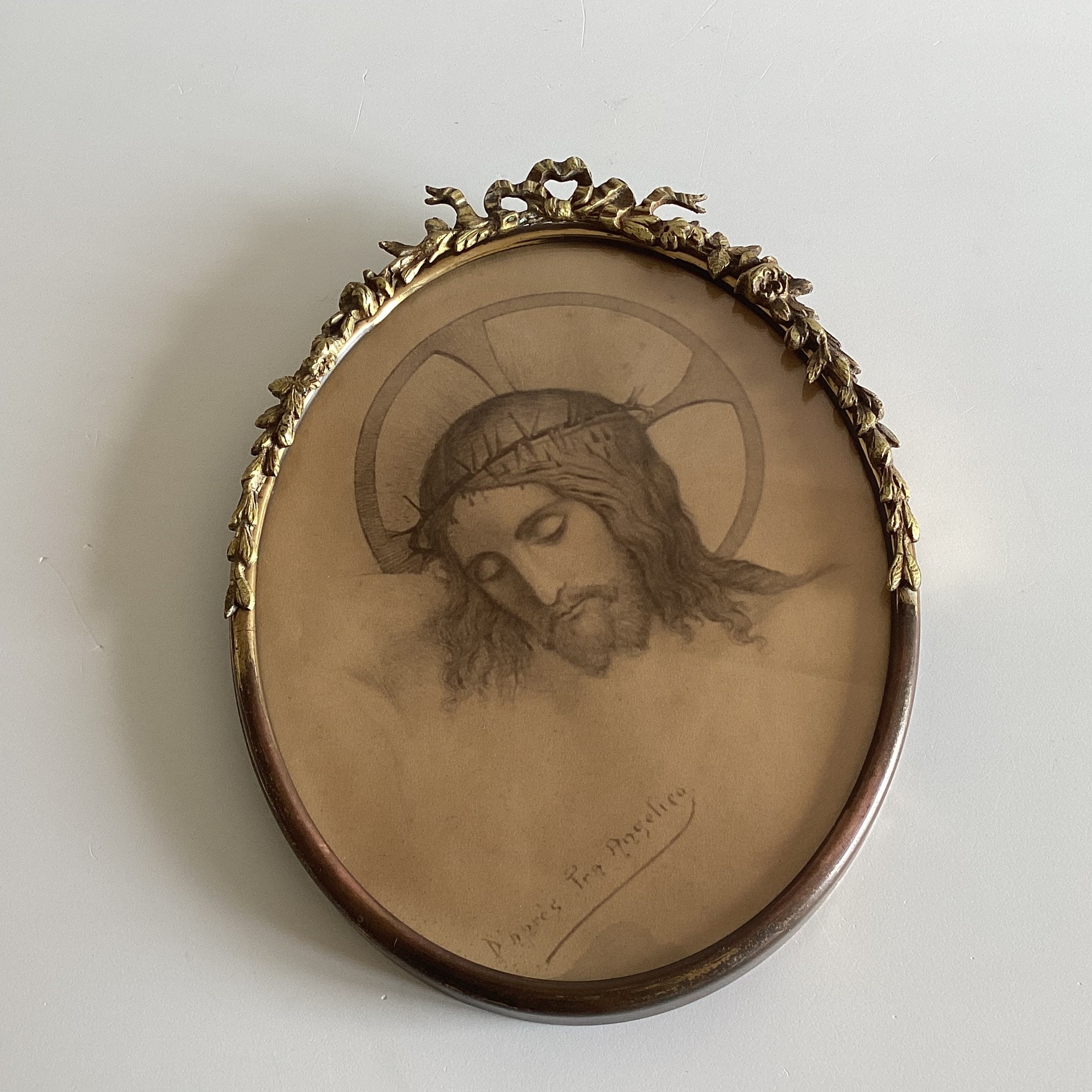 Antique Gilded Frame | Napoleonic Era 1800s France, Copper Oval with Fra Angelico Christ — photo 2 of 8