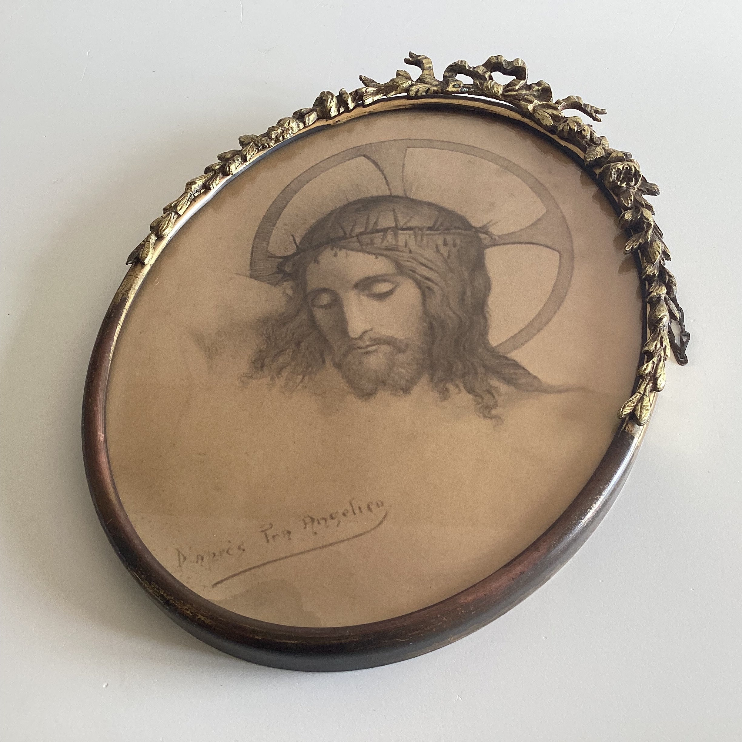 Antique Gilded Frame | Napoleonic Era 1800s France, Copper Oval with Fra Angelico Christ — photo 4 of 8