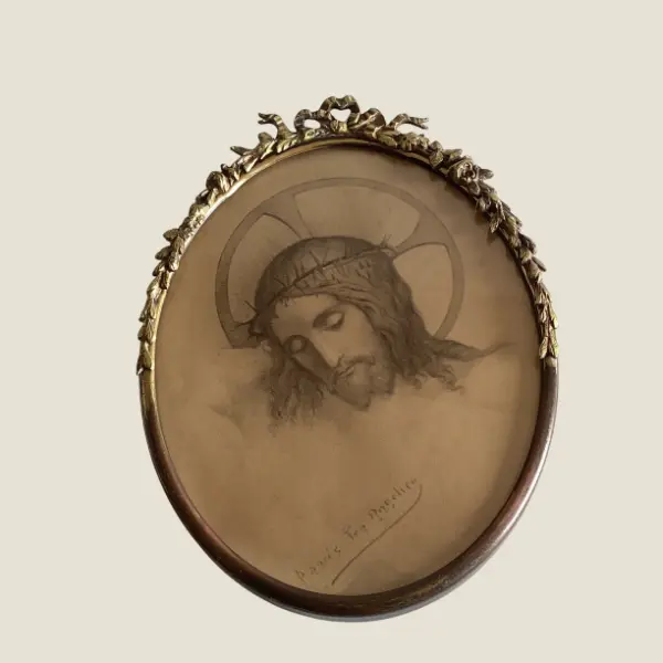 Antique Gilded Frame | Napoleonic Era 1800s France, Copper Oval with Fra Angelico Christ
