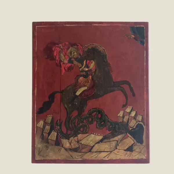Antique Icon | 1800s Saint George With Dragon, Religious Church Painting on Wood