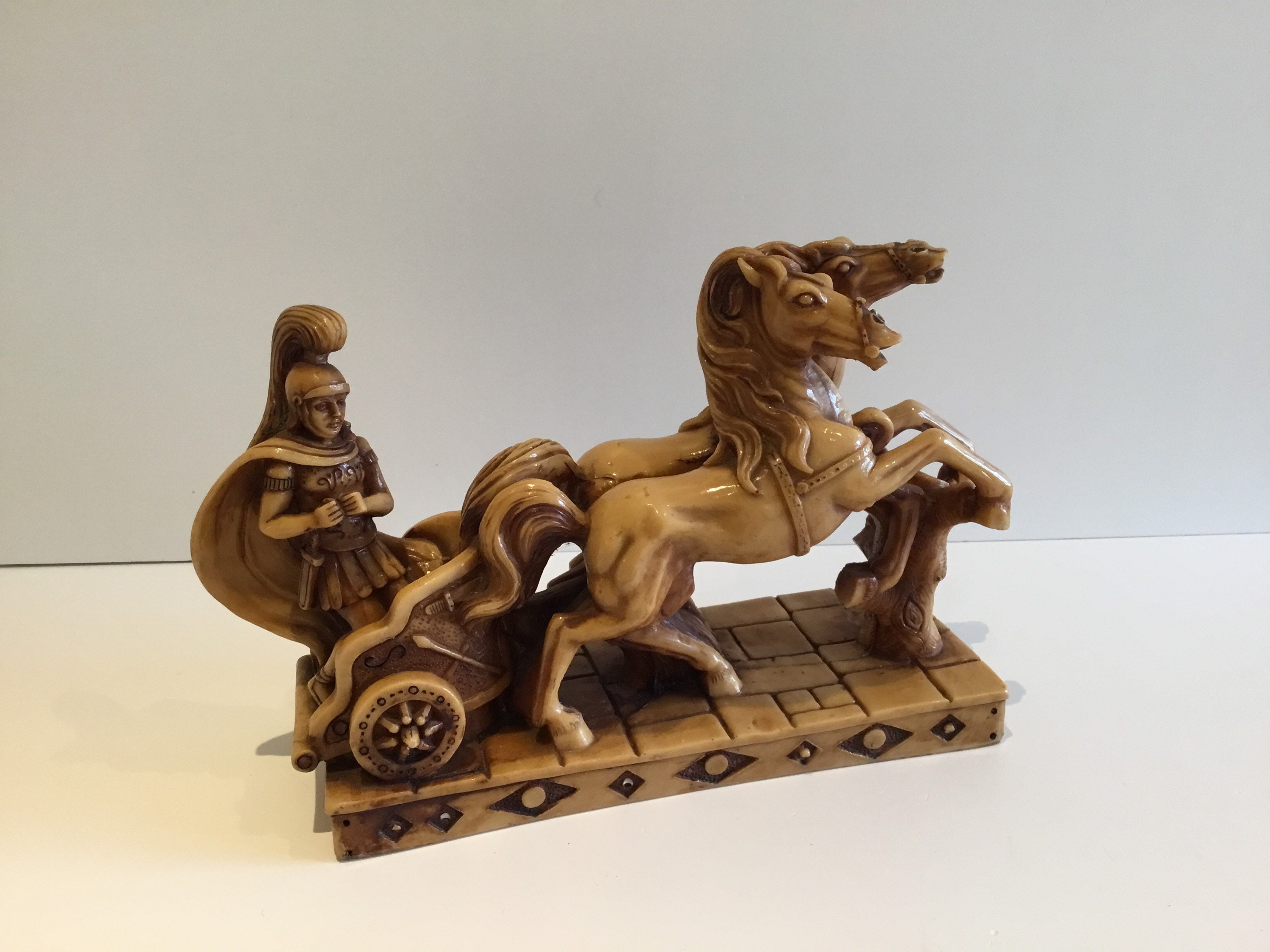 Vintage Italian Sculpture | 1950s Roman Chariot with Horses, R.B. Designer Resin Figurine — photo 2 of 10