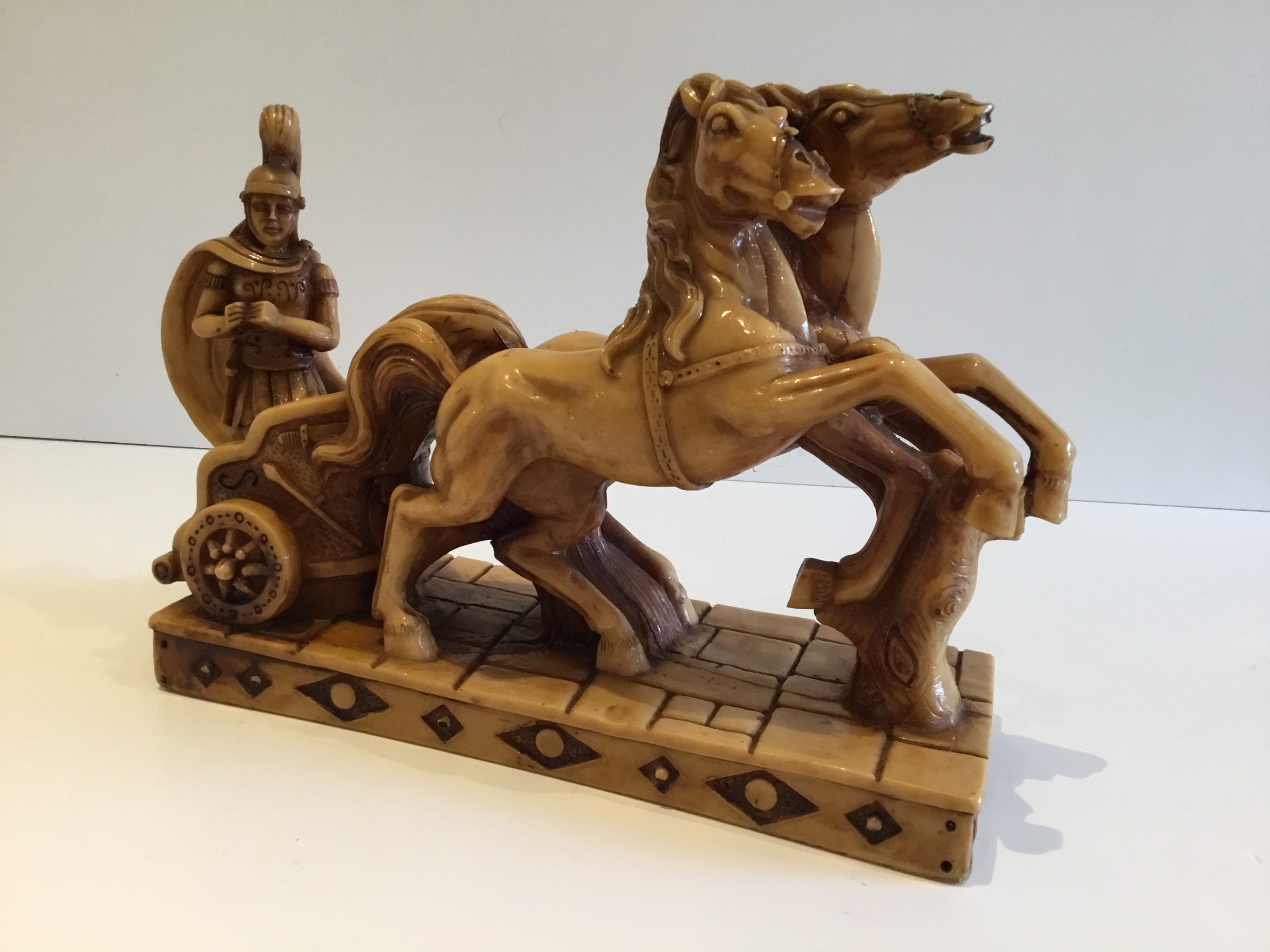 Vintage Italian Sculpture | 1950s Roman Chariot with Horses, R.B. Designer Resin Figurine — photo 3 of 10