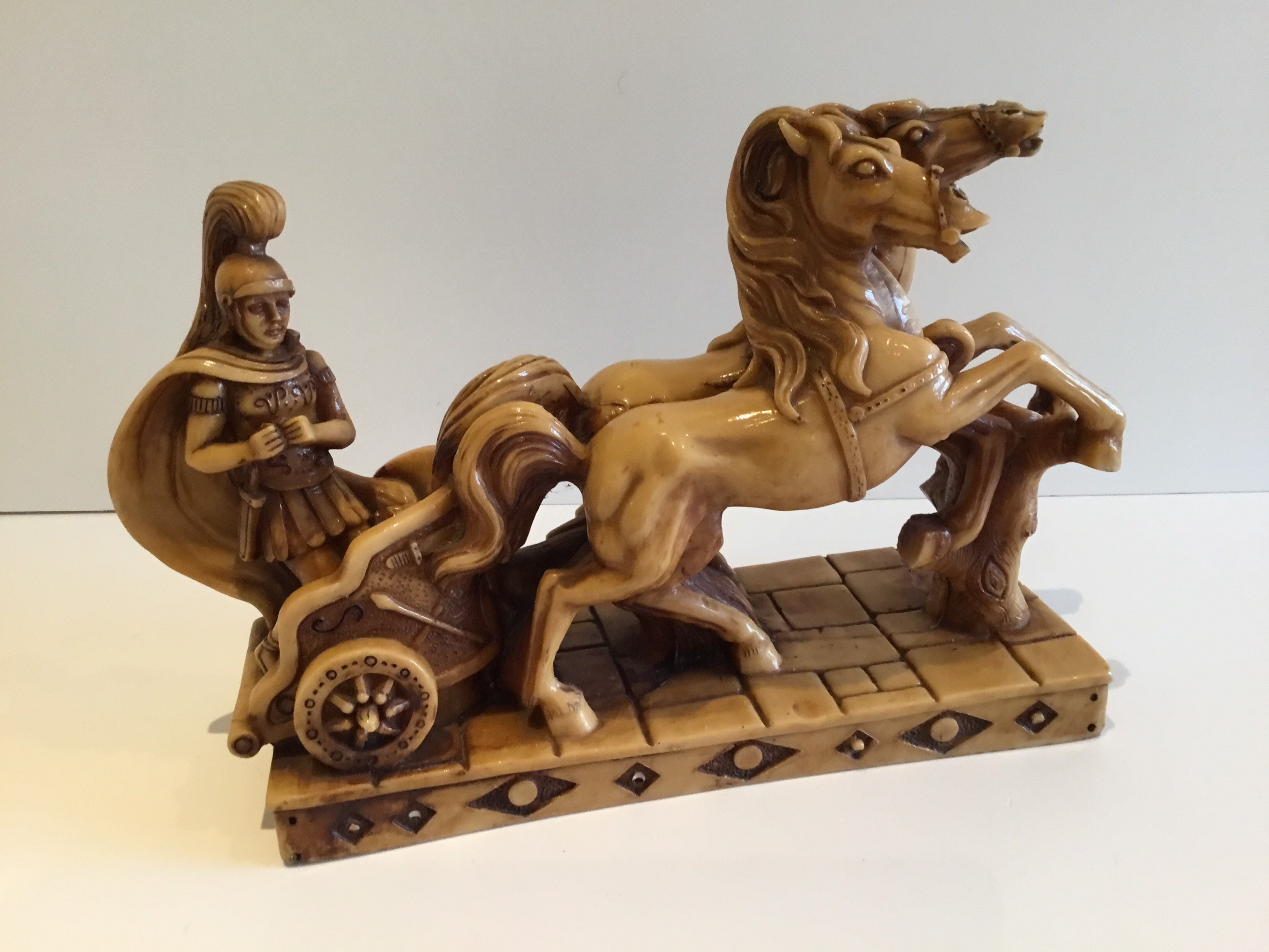 Vintage Italian Sculpture | 1950s Roman Chariot with Horses, R.B. Designer Resin Figurine — photo 6 of 10