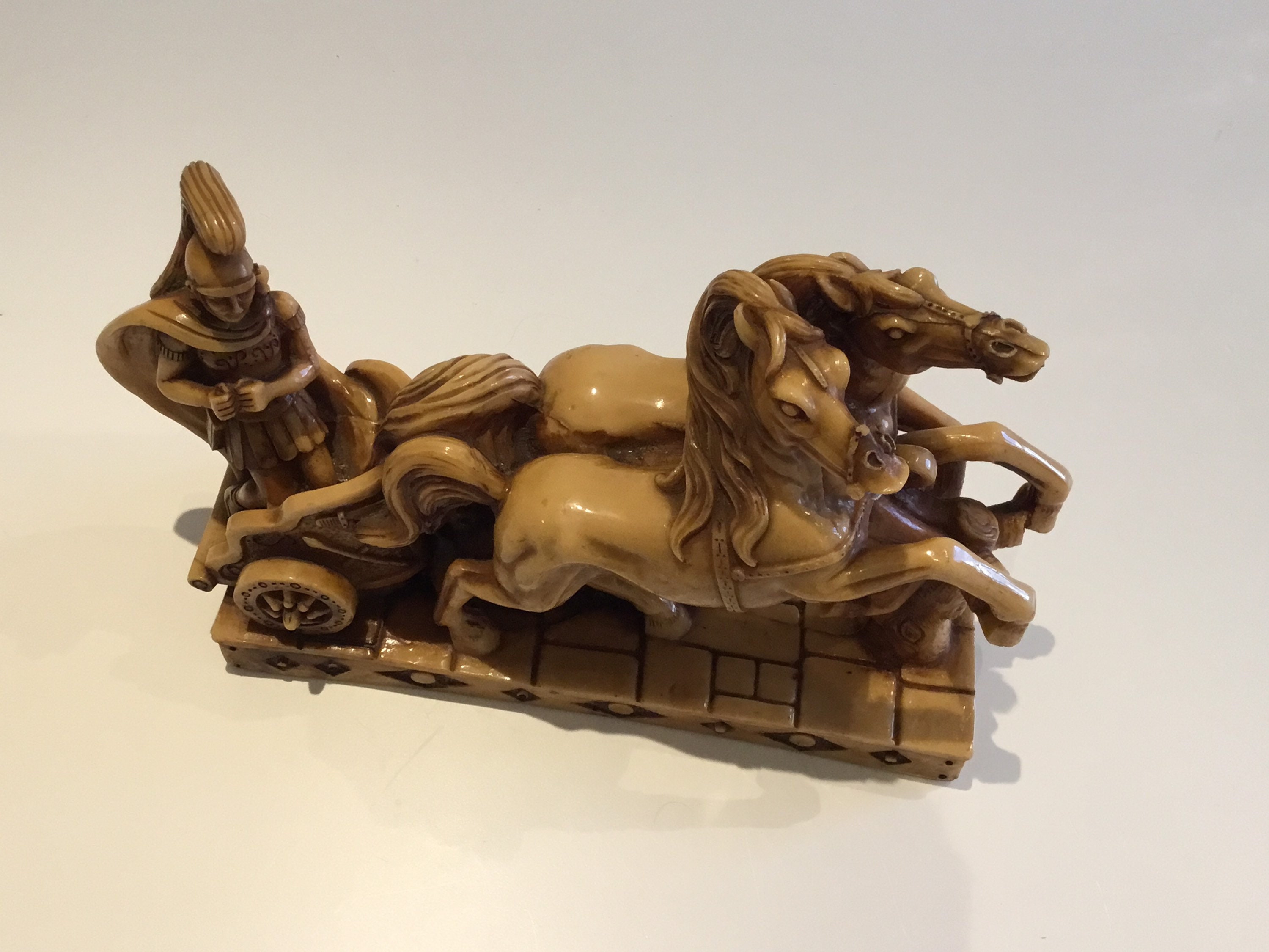 Vintage Italian Sculpture | 1950s Roman Chariot with Horses, R.B. Designer Resin Figurine — photo 7 of 10