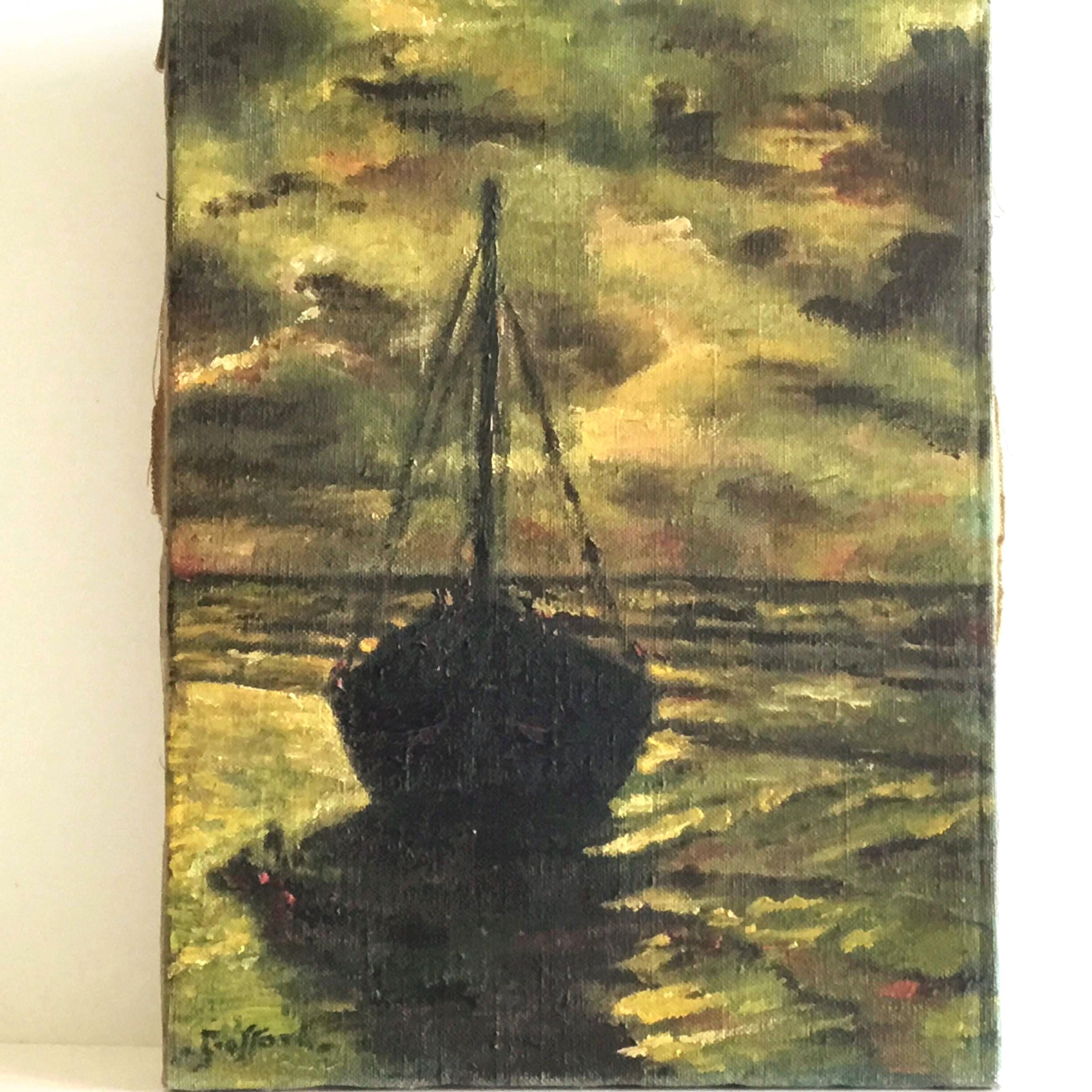 Vintage Seascape Painting | Goffart Georges Marine Sunset 1930s, French Oil on Canvas — photo 2 of 6
