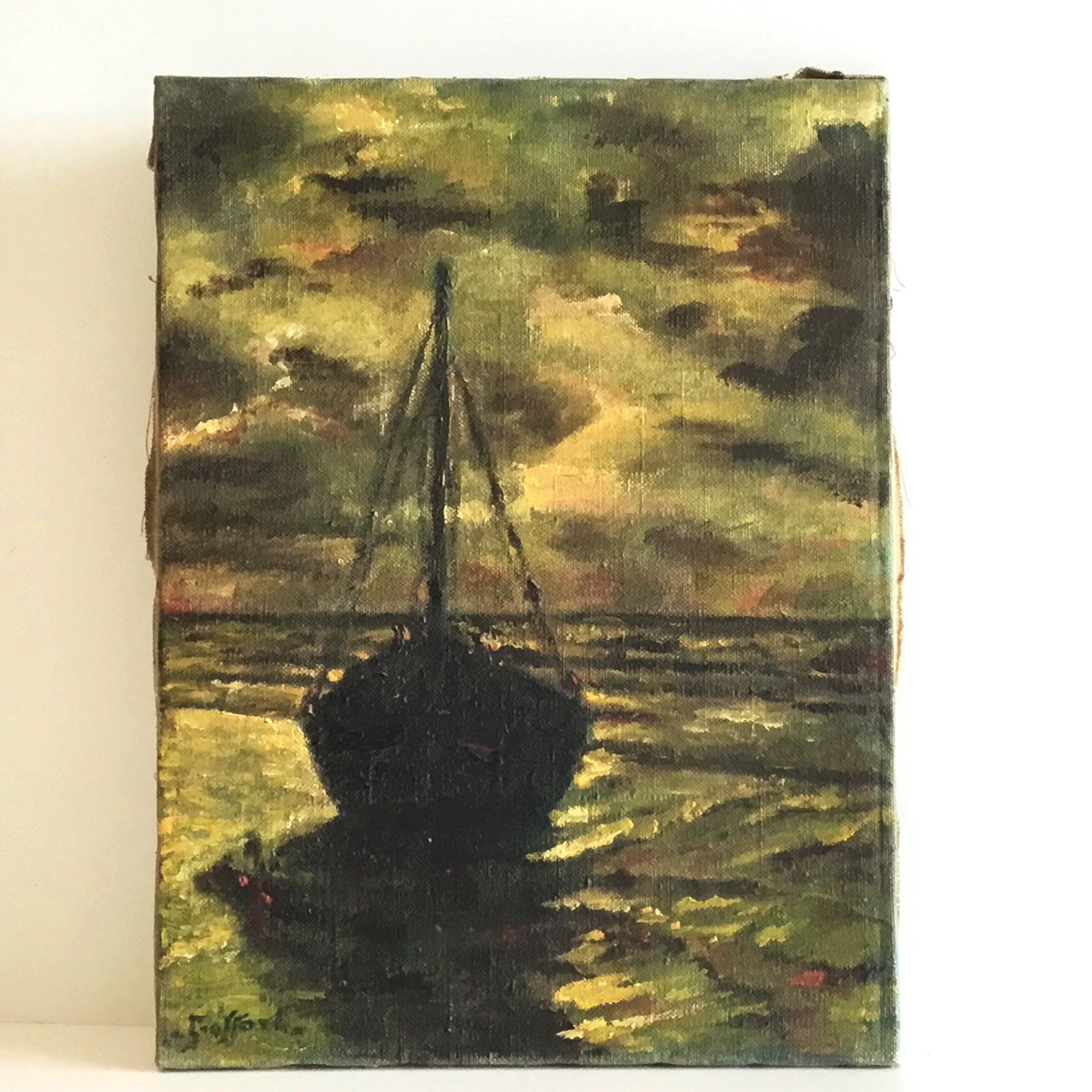 Vintage Seascape Painting | Goffart Georges Marine Sunset 1930s, French Oil on Canvas — photo 4 of 6