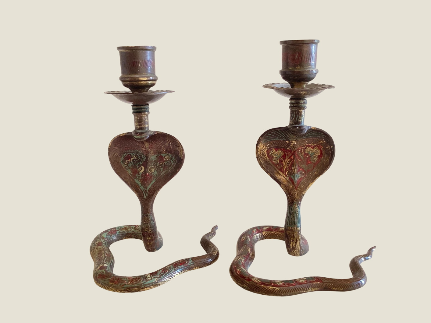 Vintage Candlesticks | 1950s Indian Cobra Pair, Handmade Unique Patina