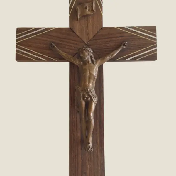 Vintage Crucifix | 1920s Signed A. Villien, Exotic Wood Inlay & Bronzed Metal, France