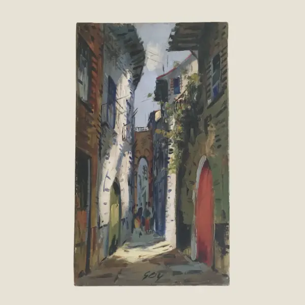 Vintage Painting | 1940s French Riviera Alley by Robert Goy, Akoun Catalog Artist