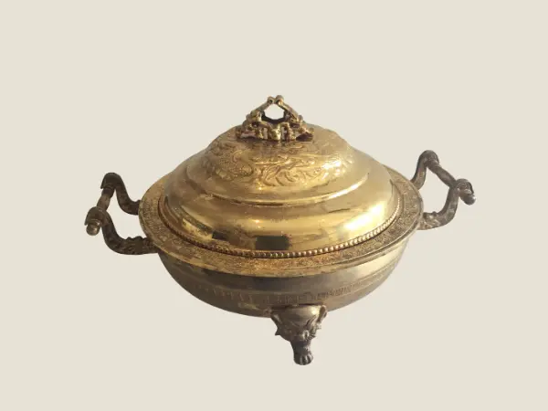 Vintage Chinese Bronze Vessel | 1920s Ritual Pan with Lid, Handmade Decorations