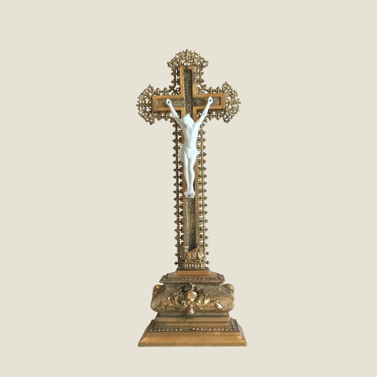 Ahtique Crucifix | 1940s French Gilded Wood, Bisque Porcelain Christ Gold Metal Decor
