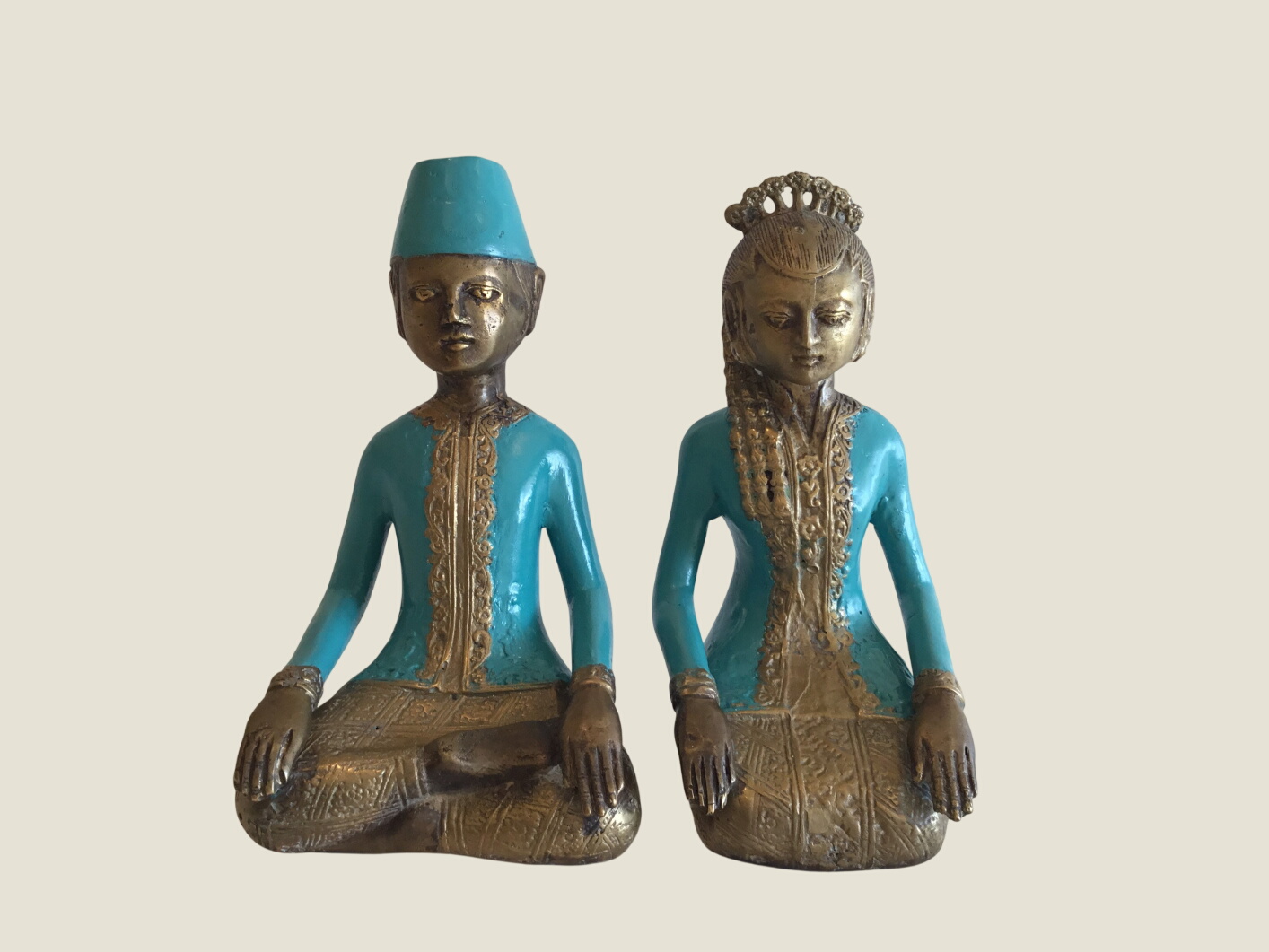 Antique Brass Figurines | 1880-1900 Colonial "Loro Blonyo" Pair, Java Indo-European Statues