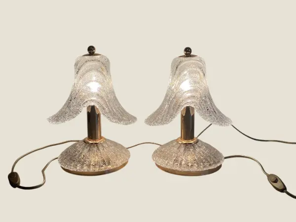 Vintage Murano Lamps | 1980s White "Graniglia" Glass Pair, Crystalline Italian Lighting