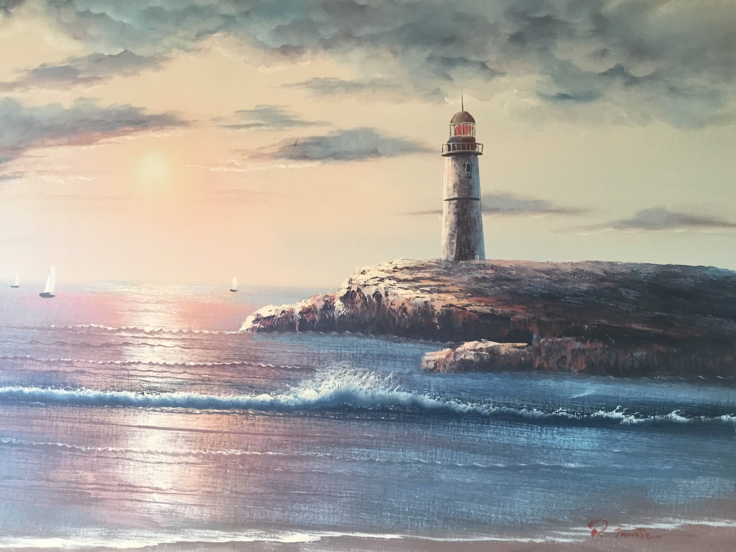 Vintage Painting | Large Seascape Lighthouse 1970s French Artist P. Janssen