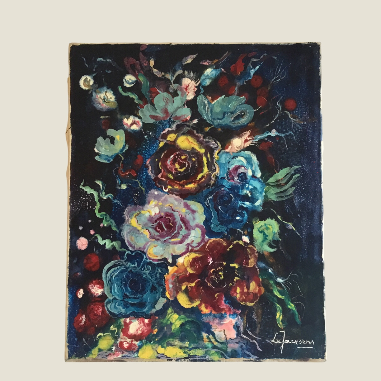 Vintage Floral Painting | Lu Jacxsens 1950s French Exotic Flowers, Signed Oil on Canvas