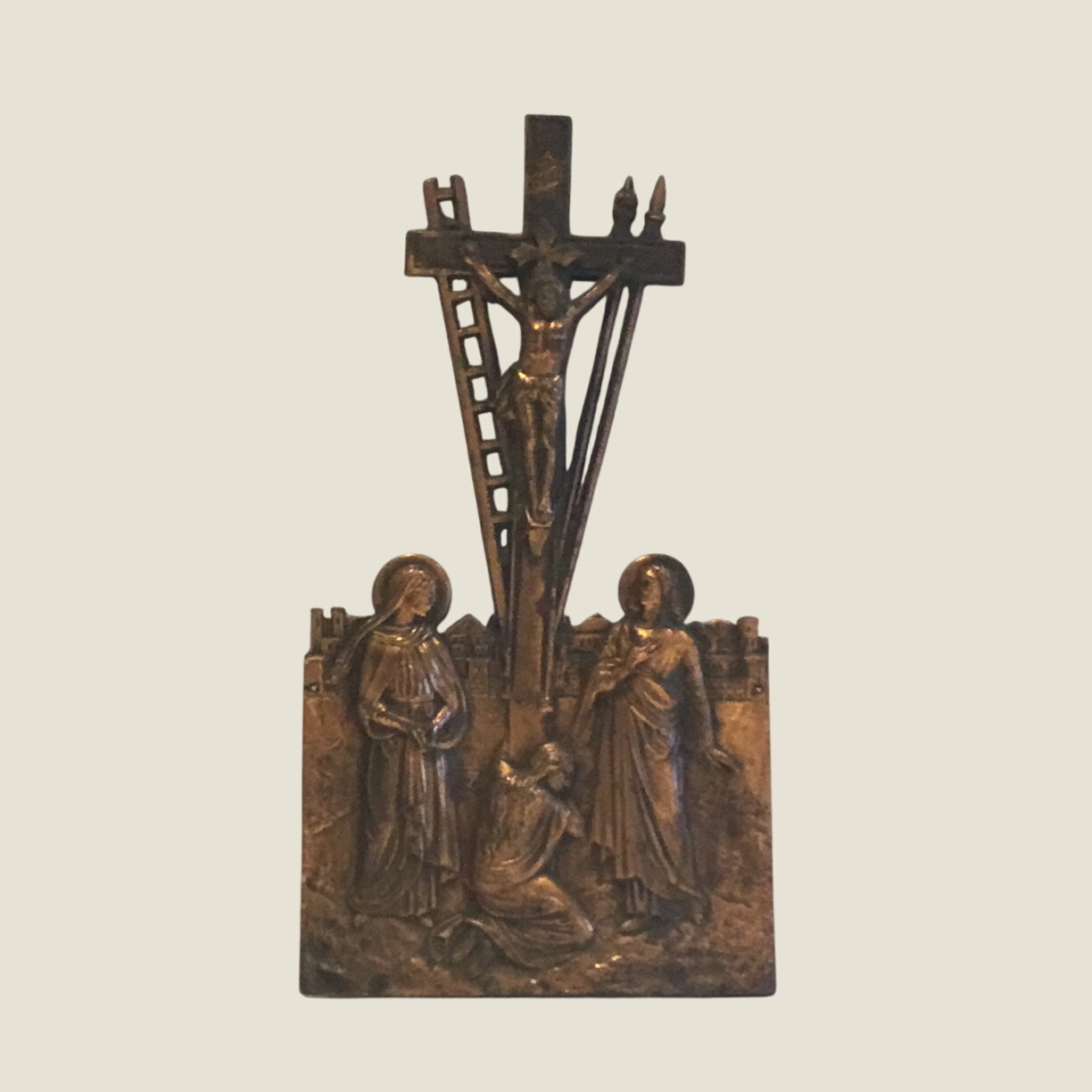 Antique Crucifix | 1940s Janco Artist Copper Plated, Calvary Scene Mary & Women
