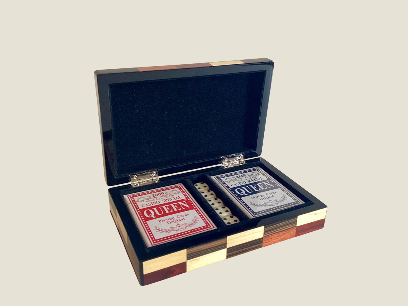 Vintage Casino Box | Fine Wood Inlay Set, Sealed Playing Cards and Dice Collection