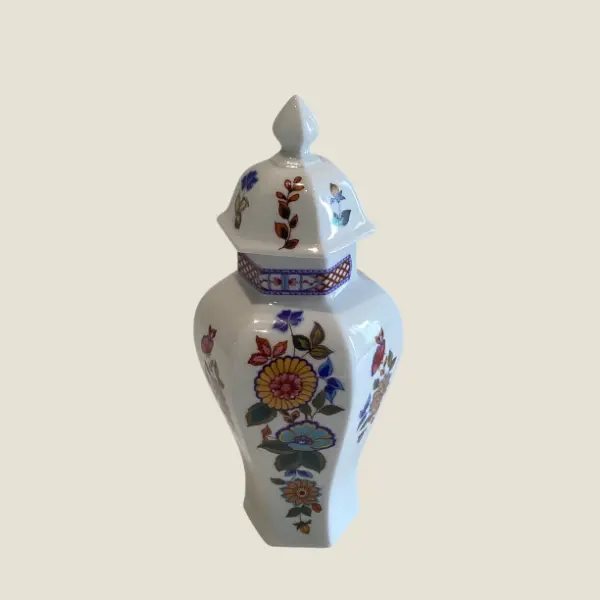 Vintage Japanese Vase | Arita 1900s Porcelain Hexagonal Shape, Floral Decor with Lid