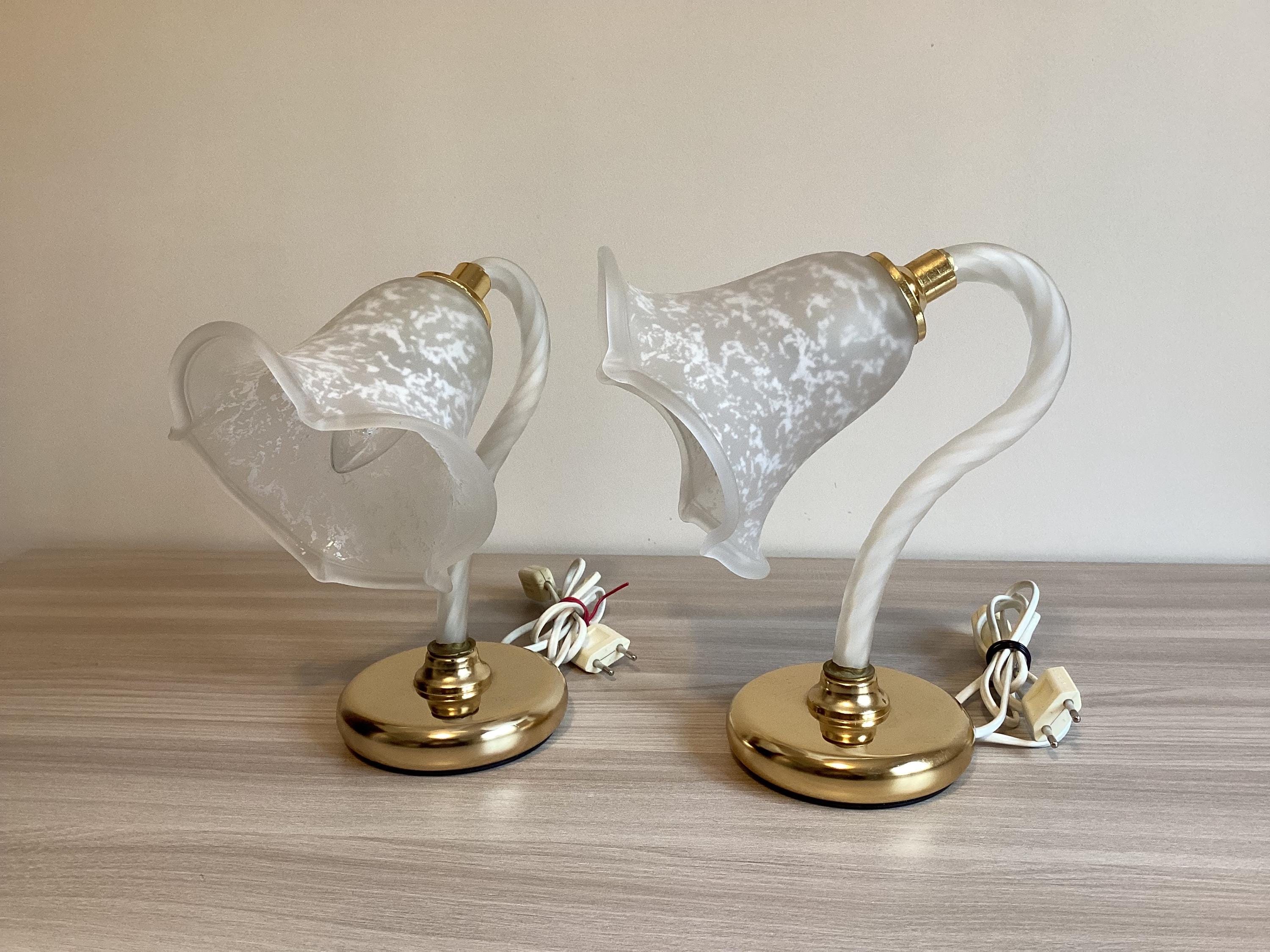 Vintage Murano Lamps | 1980s Italian Pair, Frosted Glass with Gold Plated Metal — photo 3 of 8