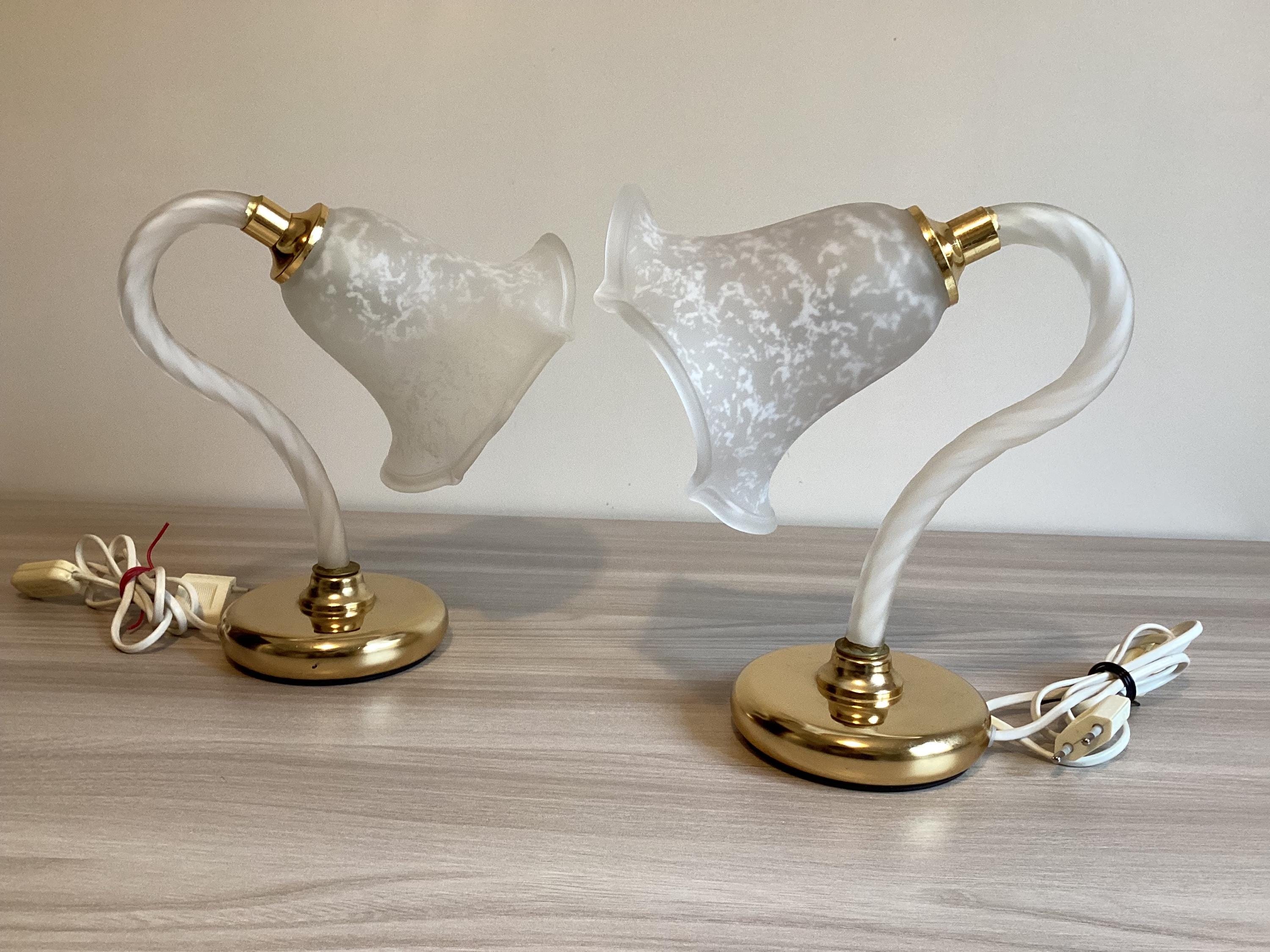 Vintage Murano Lamps | 1980s Italian Pair, Frosted Glass with Gold Plated Metal — photo 4 of 8