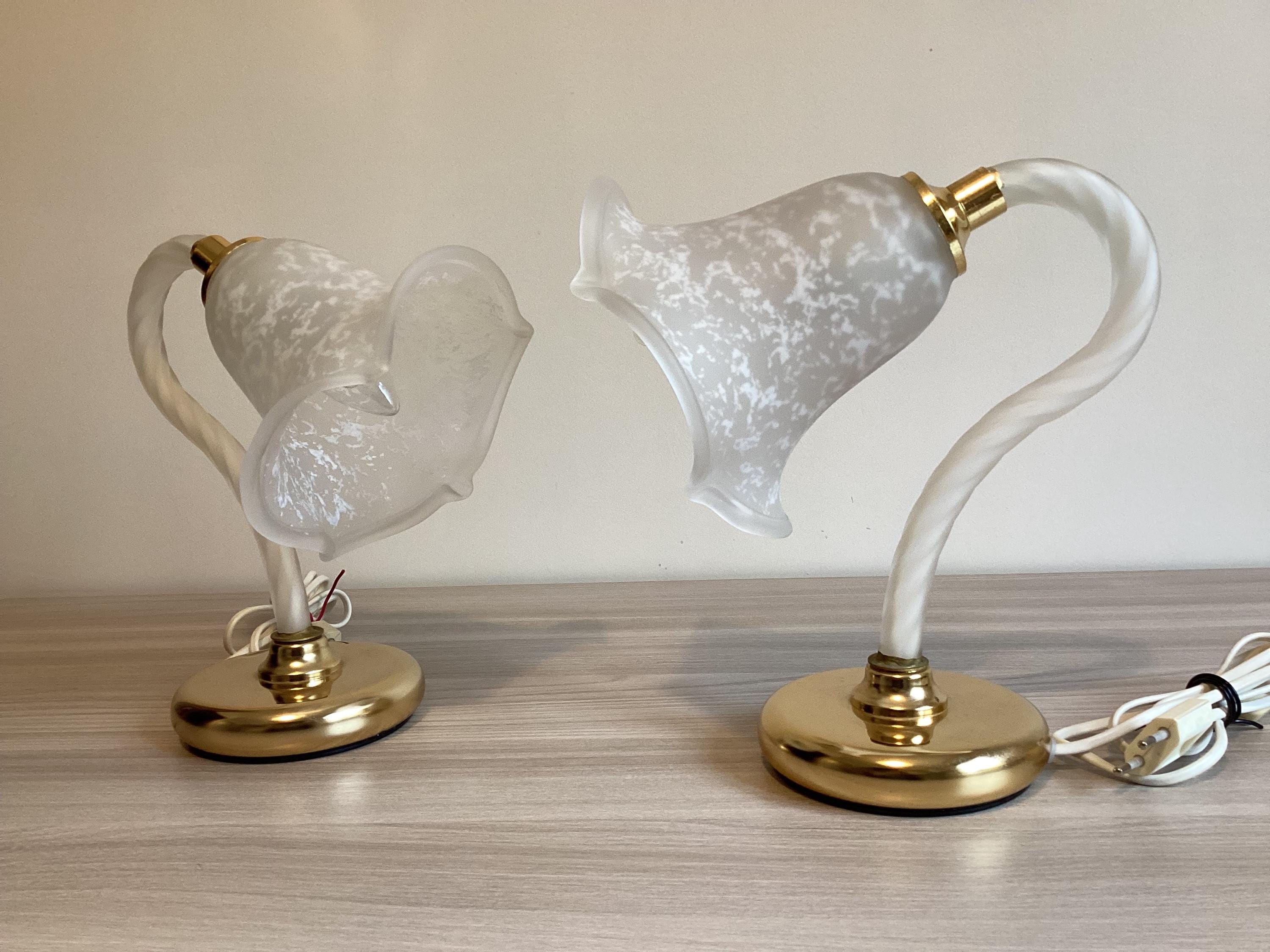 Vintage Murano Lamps | 1980s Italian Pair, Frosted Glass with Gold Plated Metal — photo 5 of 8