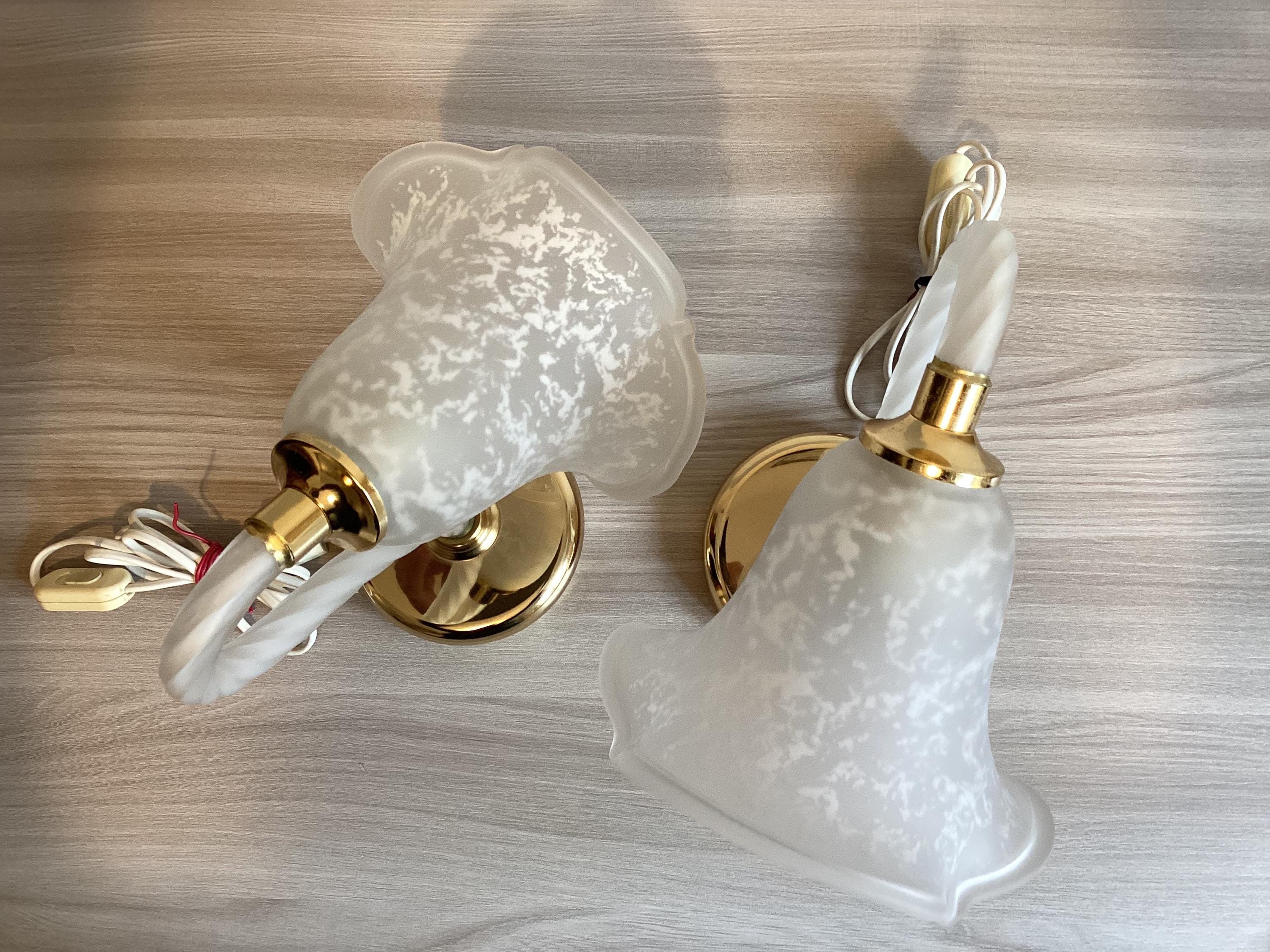Vintage Murano Lamps | 1980s Italian Pair, Frosted Glass with Gold Plated Metal — photo 7 of 8