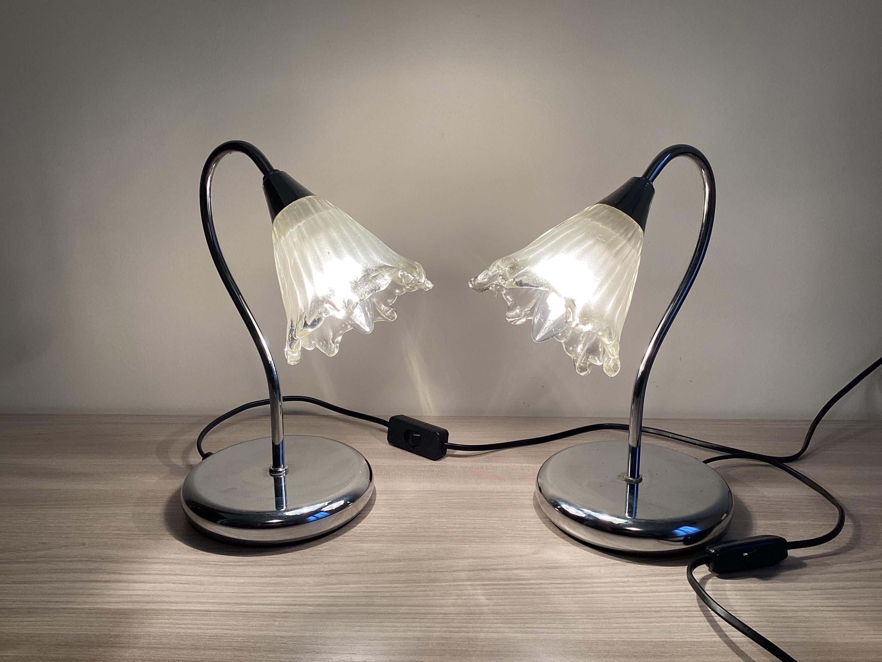 Vintage Table Lamps | Jolly Design Italy 1980s, Chrome & Murano Glass Pair — photo 2 of 8