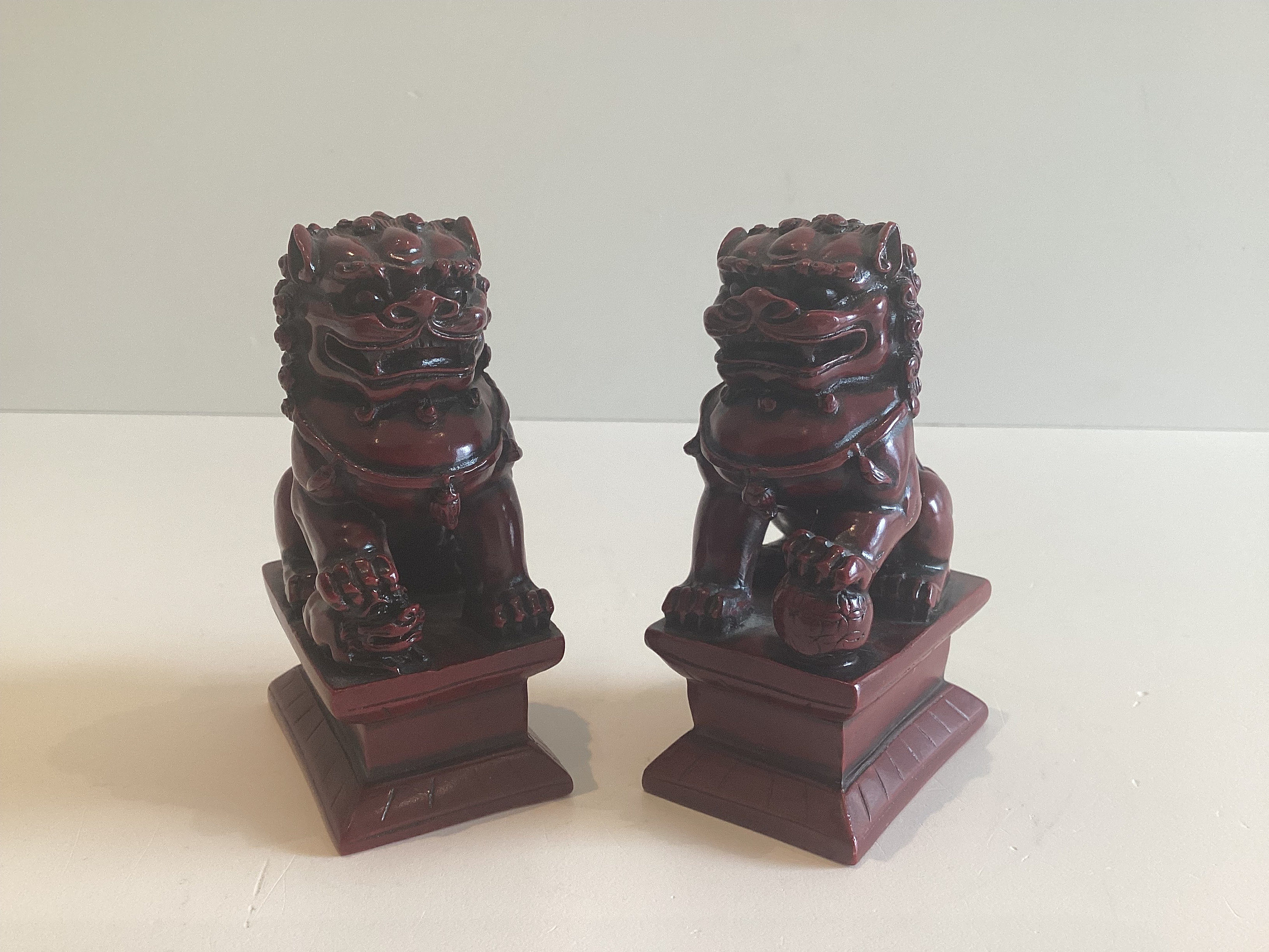 Vintage Figurine Foo Dogs | 1970s Chinese Feng Shui Set, Family Pair with Puppy — photo 2 of 7
