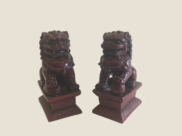 Vintage Figurine Foo Dogs | 1970s Chinese Feng Shui Set, Family Pair with Puppy