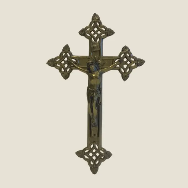 Vintage Metal Crucifix | 1950s French Catholic Cross, Bronzed Figure Marked AE