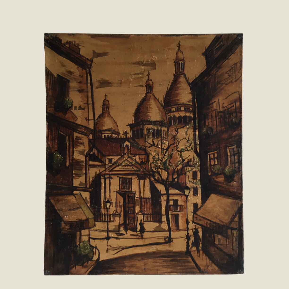 Vintage Painting | 1961 Paris Montmartre Landscape, Ramon Del Campo Signed Gold Technique