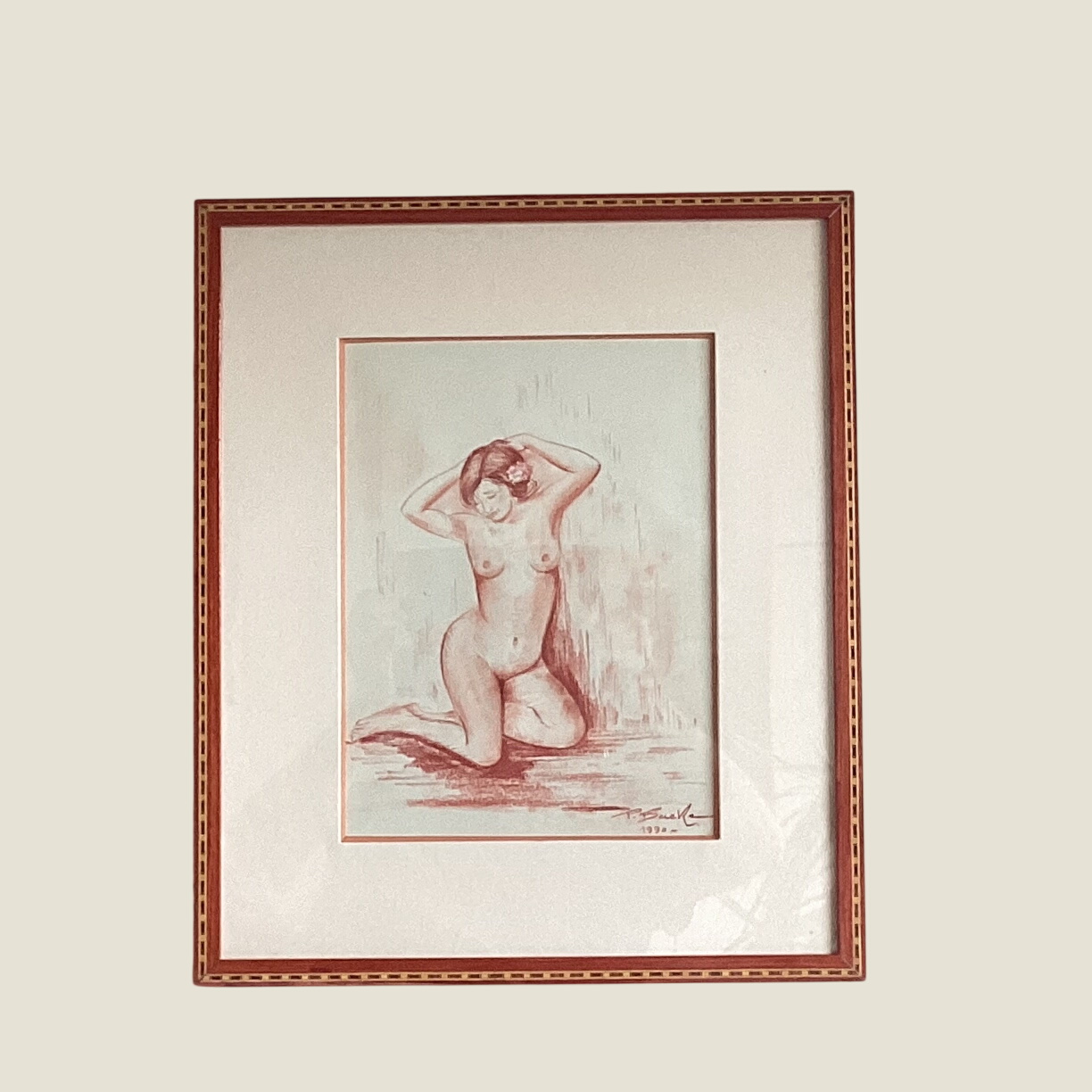 Original Drawing | Paul Baeke 1990 Oriental Woman Portrait, Sanguine on Paper Signed