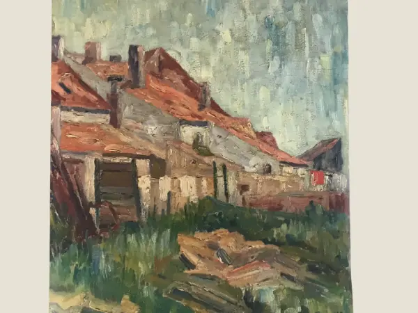 Vintage Painting | Mathys 1940s Country Houses, Belgian French Impressionist Landscape