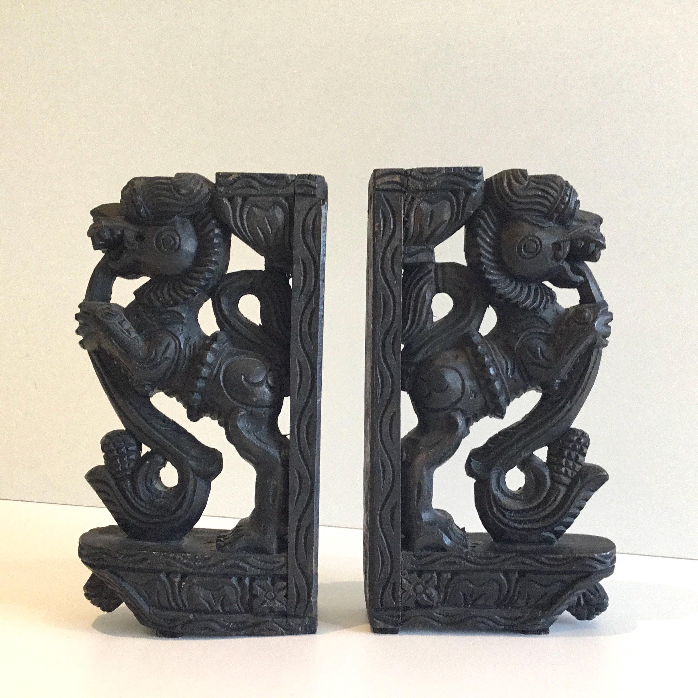 Vintage Sculpture | 1900s Indonesian Carved Wood Foo Dogs, Pair of Decorative Supports — photo 2 of 11