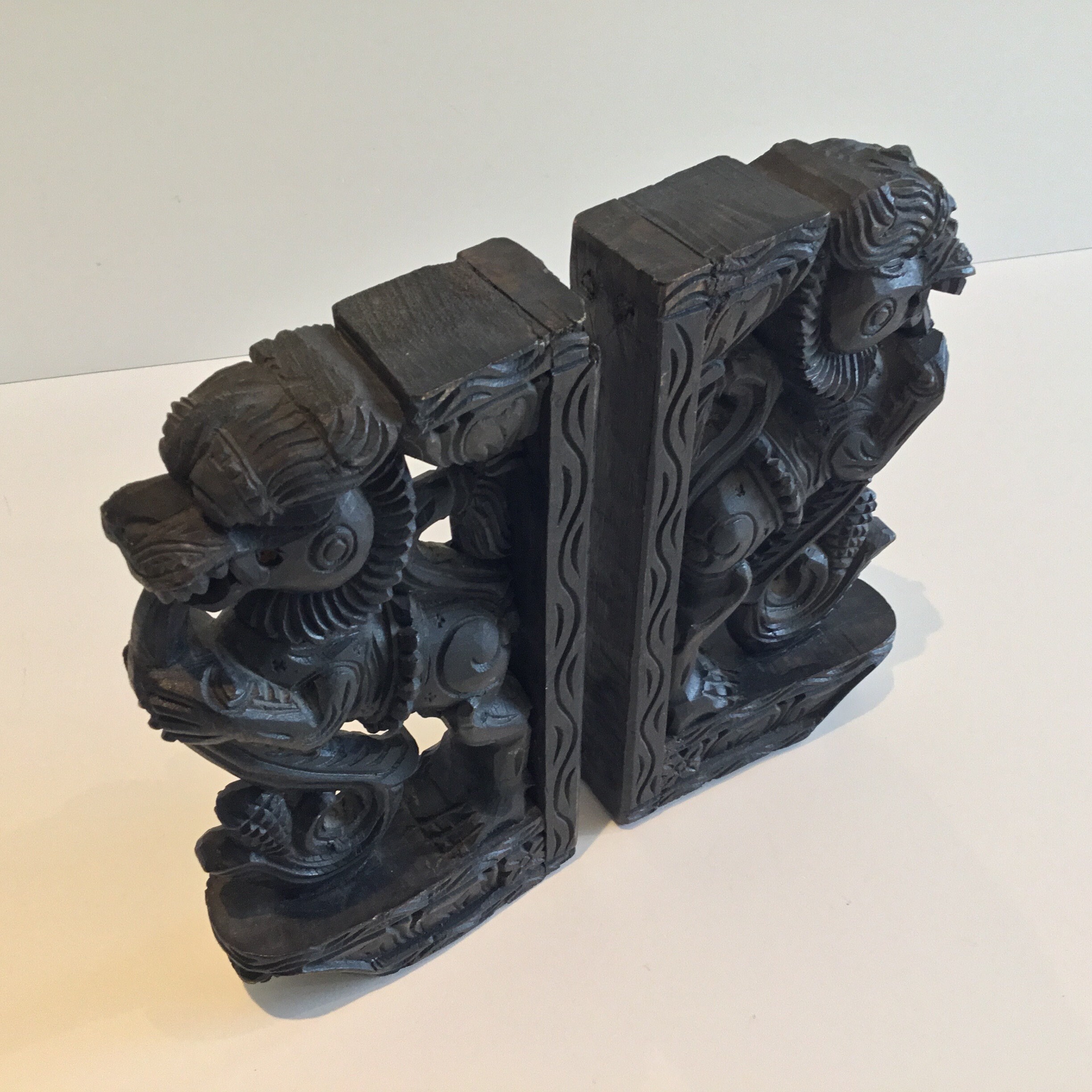 Vintage Sculpture | 1900s Indonesian Carved Wood Foo Dogs, Pair of Decorative Supports — photo 11 of 11