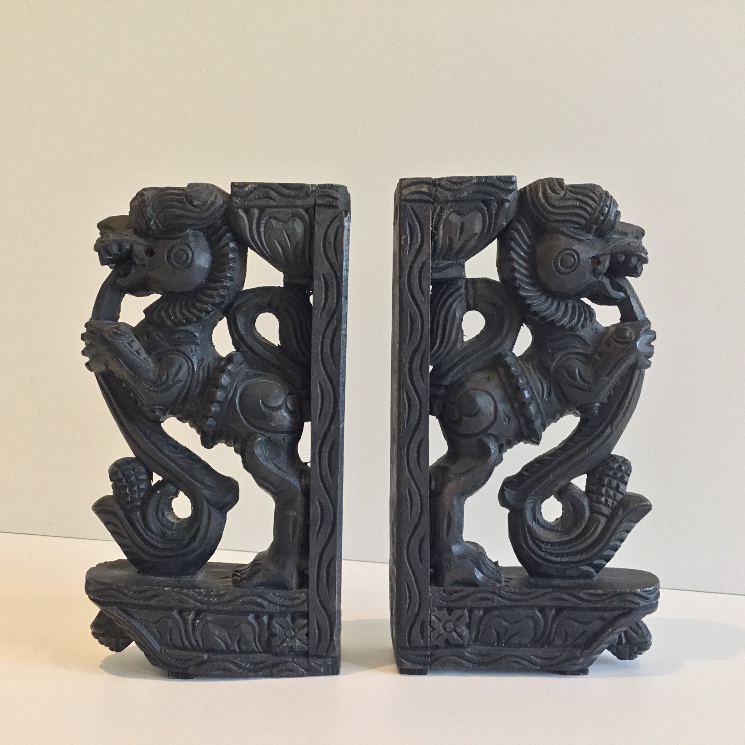 Vintage Sculpture | 1900s Indonesian Carved Wood Foo Dogs, Pair of Decorative Supports — photo 3 of 11