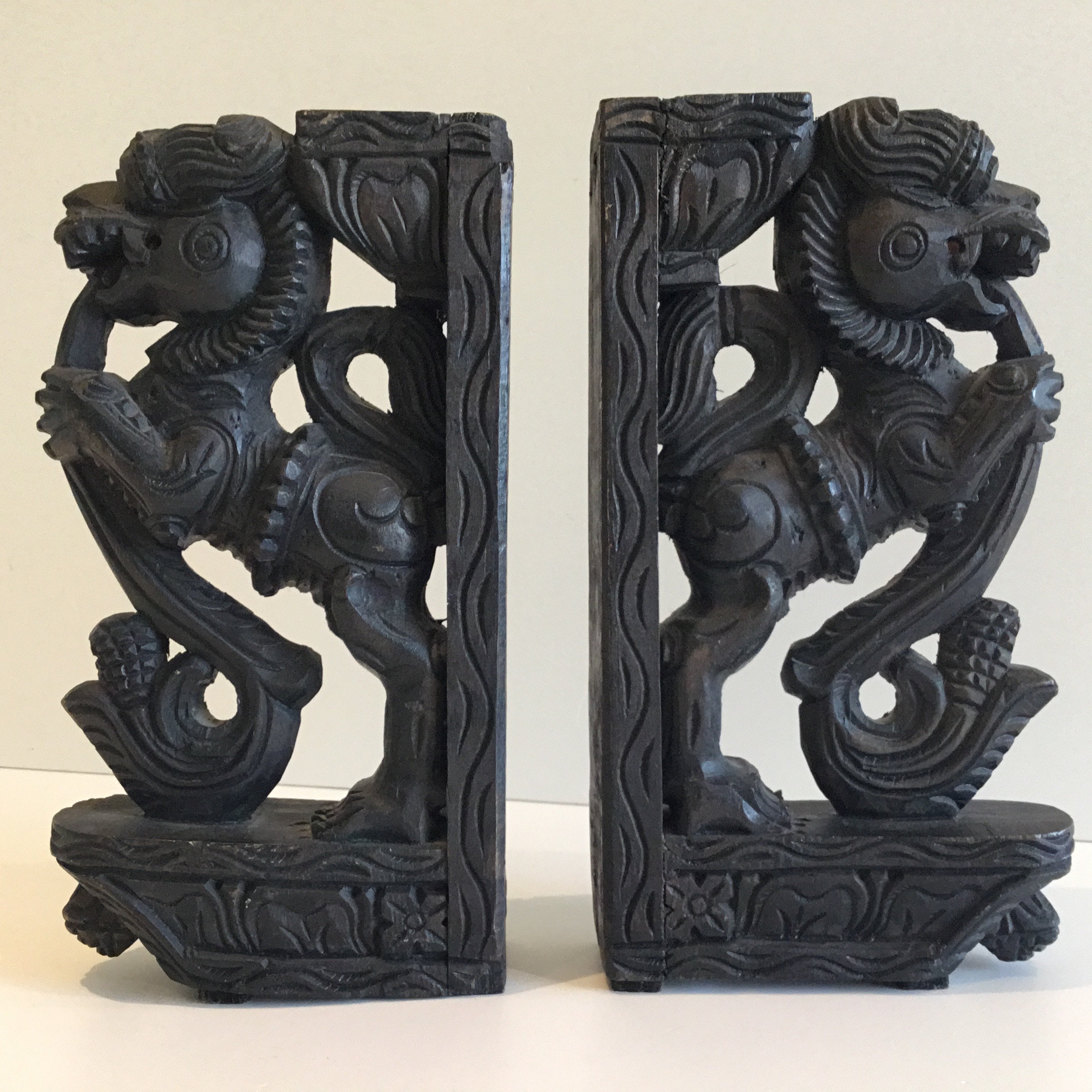 Vintage Sculpture | 1900s Indonesian Carved Wood Foo Dogs, Pair of Decorative Supports — photo 4 of 11