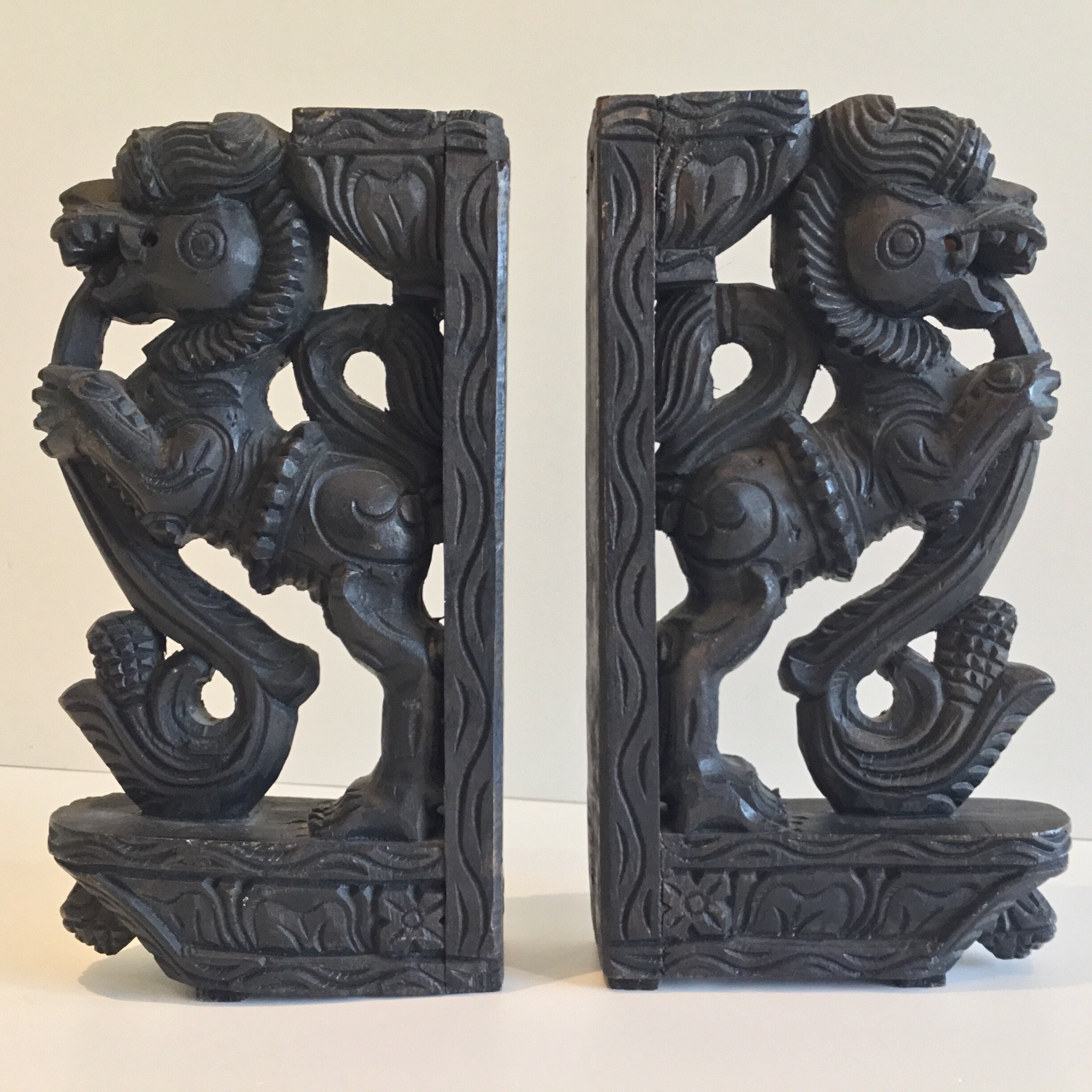 Vintage Sculpture | 1900s Indonesian Carved Wood Foo Dogs, Pair of Decorative Supports — photo 5 of 11
