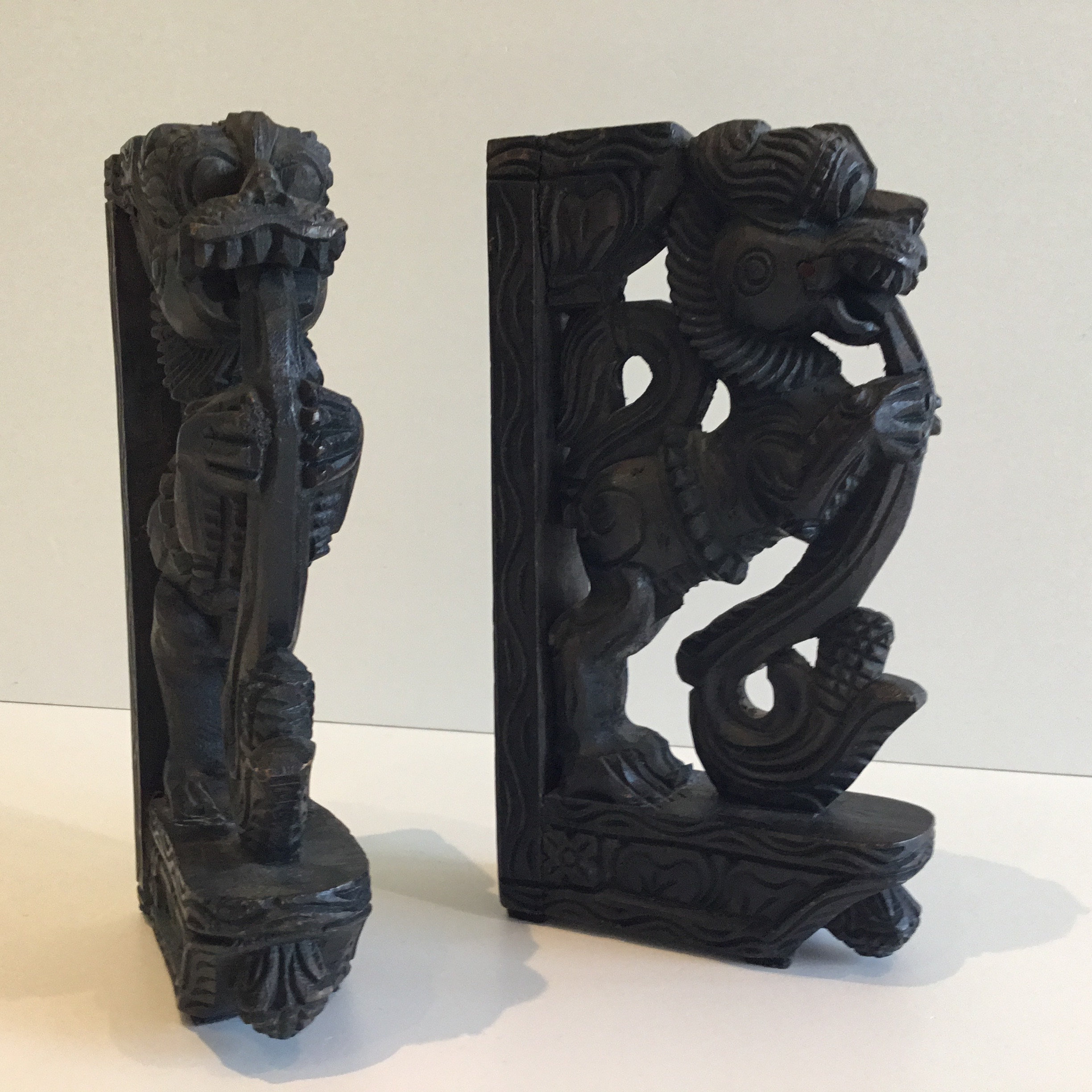 Vintage Sculpture | 1900s Indonesian Carved Wood Foo Dogs, Pair of Decorative Supports — photo 6 of 11