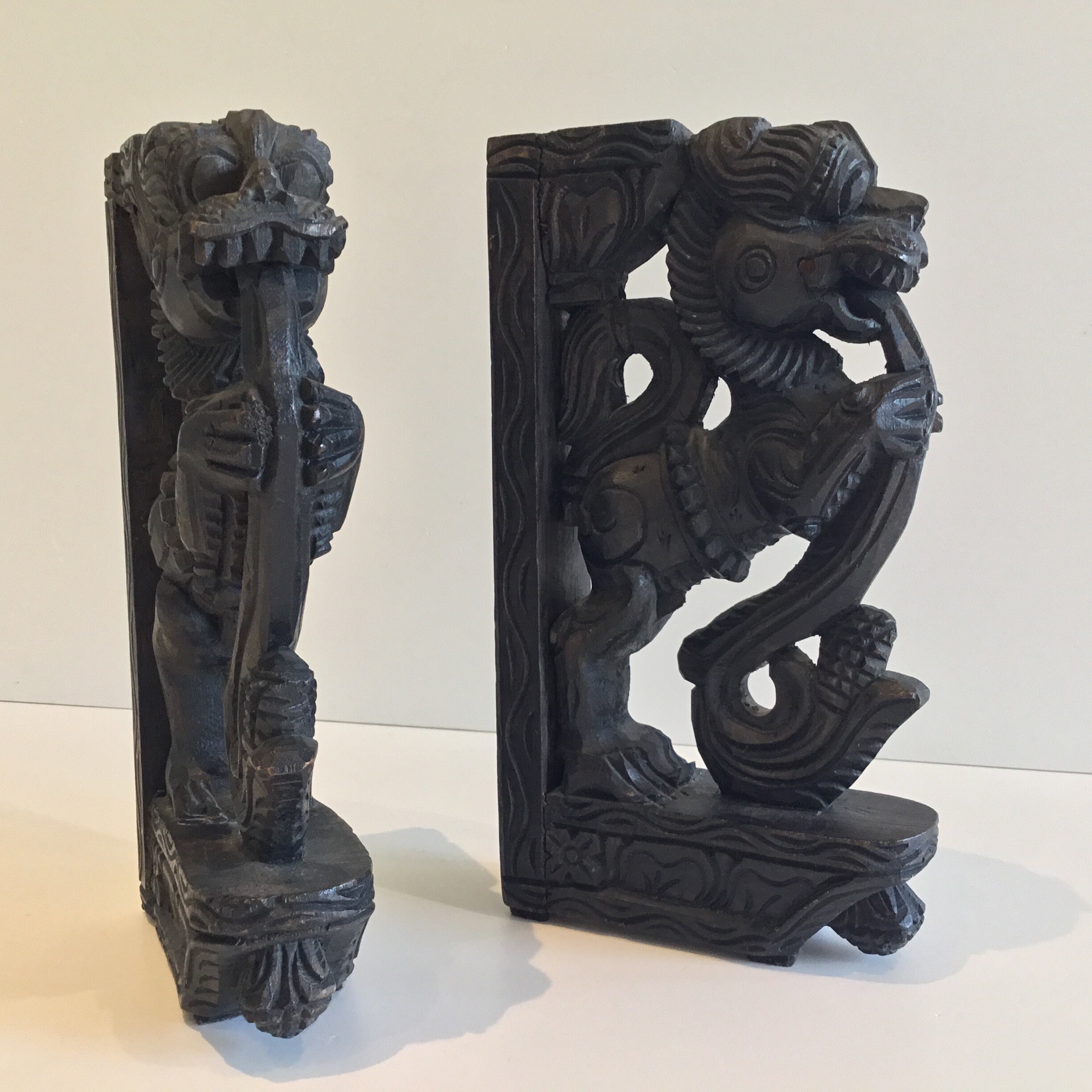 Vintage Sculpture | 1900s Indonesian Carved Wood Foo Dogs, Pair of Decorative Supports — photo 7 of 11