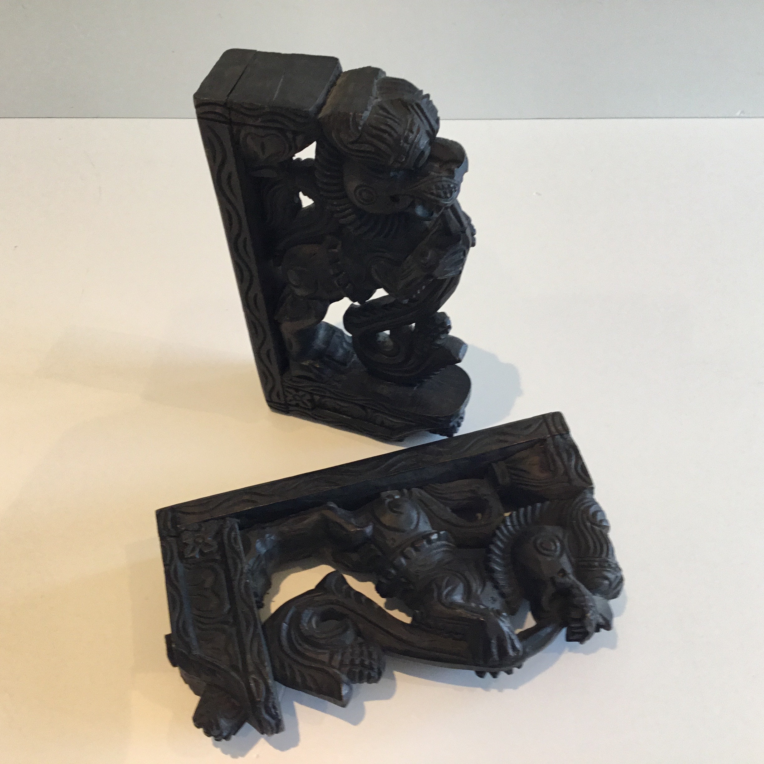 Vintage Sculpture | 1900s Indonesian Carved Wood Foo Dogs, Pair of Decorative Supports — photo 8 of 11