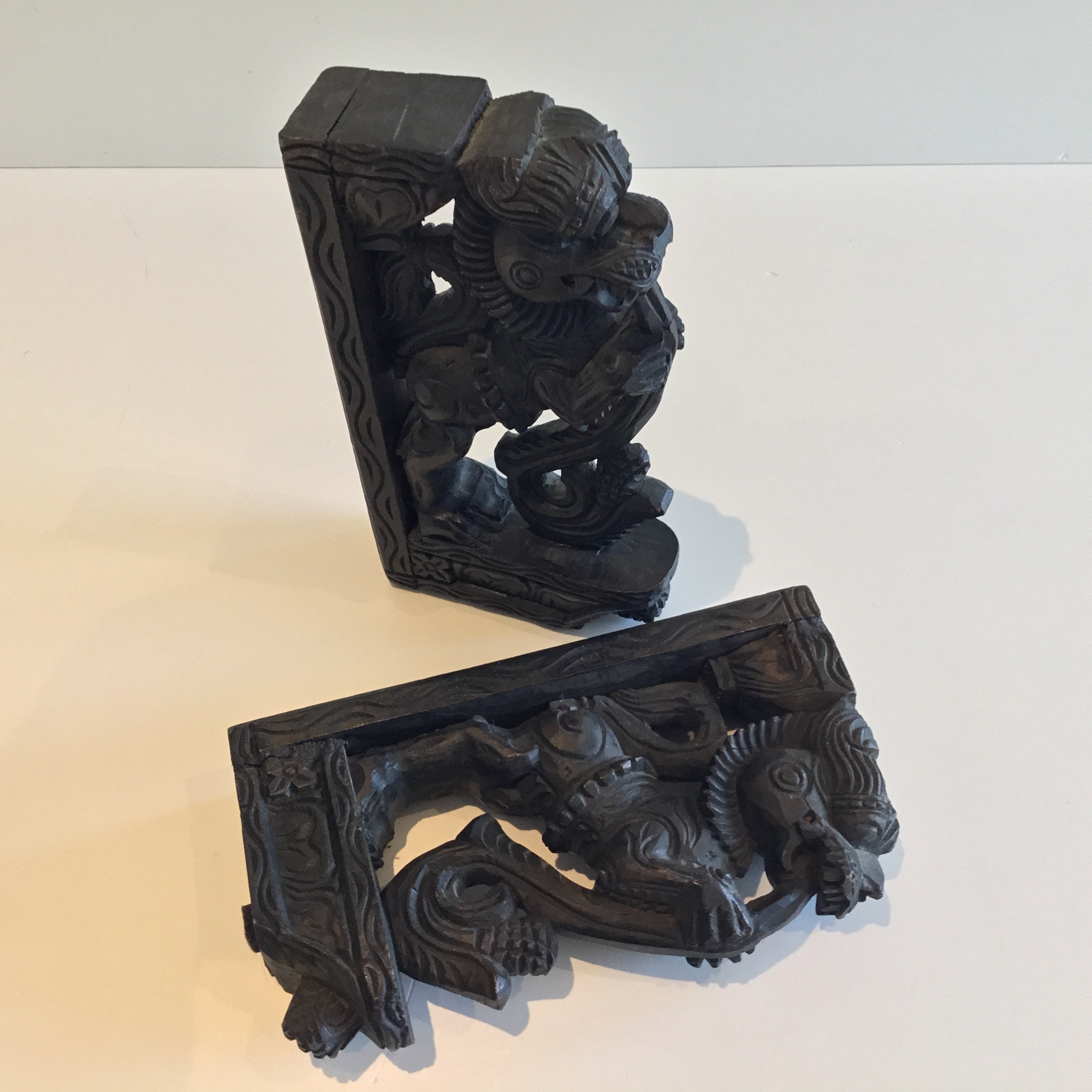 Vintage Sculpture | 1900s Indonesian Carved Wood Foo Dogs, Pair of Decorative Supports — photo 9 of 11