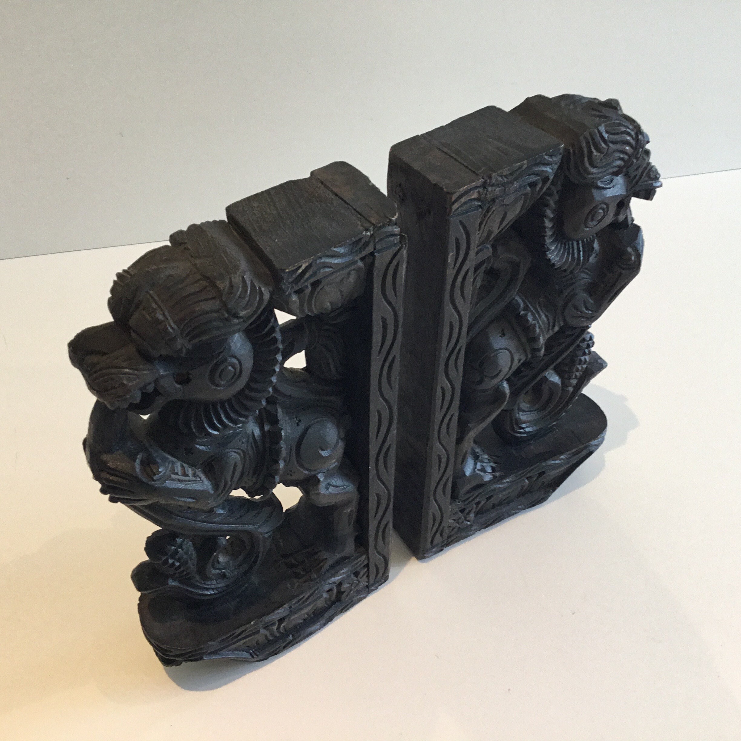 Vintage Sculpture | 1900s Indonesian Carved Wood Foo Dogs, Pair of Decorative Supports — photo 10 of 11