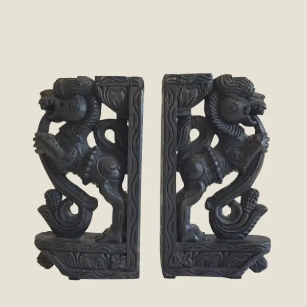 Vintage Sculpture | 1900s Indonesian Carved Wood Foo Dogs, Pair of Decorative Supports